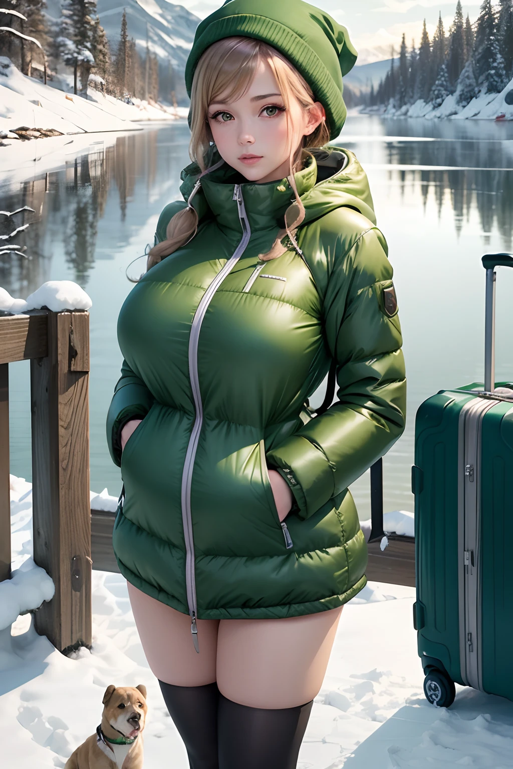 A happy photo of a young beautiful redhead girl bbw with Huge Breasts with long curly ginger hair soft fat belly, wide fat obese hips, thick fat legs and fat arms, in warm covering skiing clothes on a snowy mountain, it is snowing at sunset