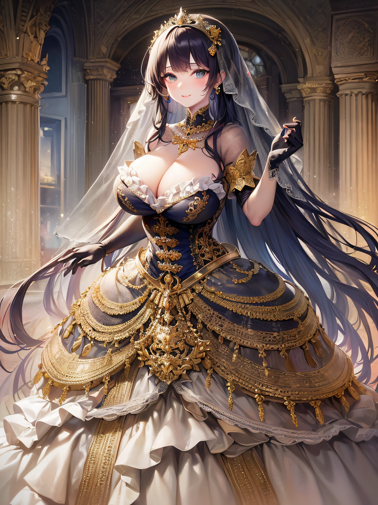 ((anime artstyle)),(Masterpiece),(Best Quality), (Super Detail),(Highly Detailed CG Unity 8k wallpaper),((Very Delicate and Beautiful)),cinematic lighting,1 girl,((full body portrait)),((standing in garden)),((solo)),(((1 fairytale princess in gorgeous embroidery and jeweled extremely gorgeous rococo princess ballgown with voluminous full length hoop skirt))),an hourglass waist,padded and corseted bodice,(((huge crinoline hoopskirt))),long train,((gorgeous embroidery and jeweled)),voluminous frills,See-through,(((extremely gigantic tits,skindentation))),cleavage,((absurdly Long Straight Hair,extremely voluminous Straight long Hair,absurdly Long Straight Hair)),(finely detailed face and eyes),(Blush,Smile),clear pupil,extremely gorgeousfull hair ornament,(bling-bling jeweled extremely gorgeousfull tiara),((bling-bling gorgeous gemstone jewelry)),gorgeous long veil,((ultra long gloves)),(beautiful background),(full body),((gorgeous embroidery and jeweled extremely gorgeous rococo princess ballgown with voluminous full length hoop skirt))