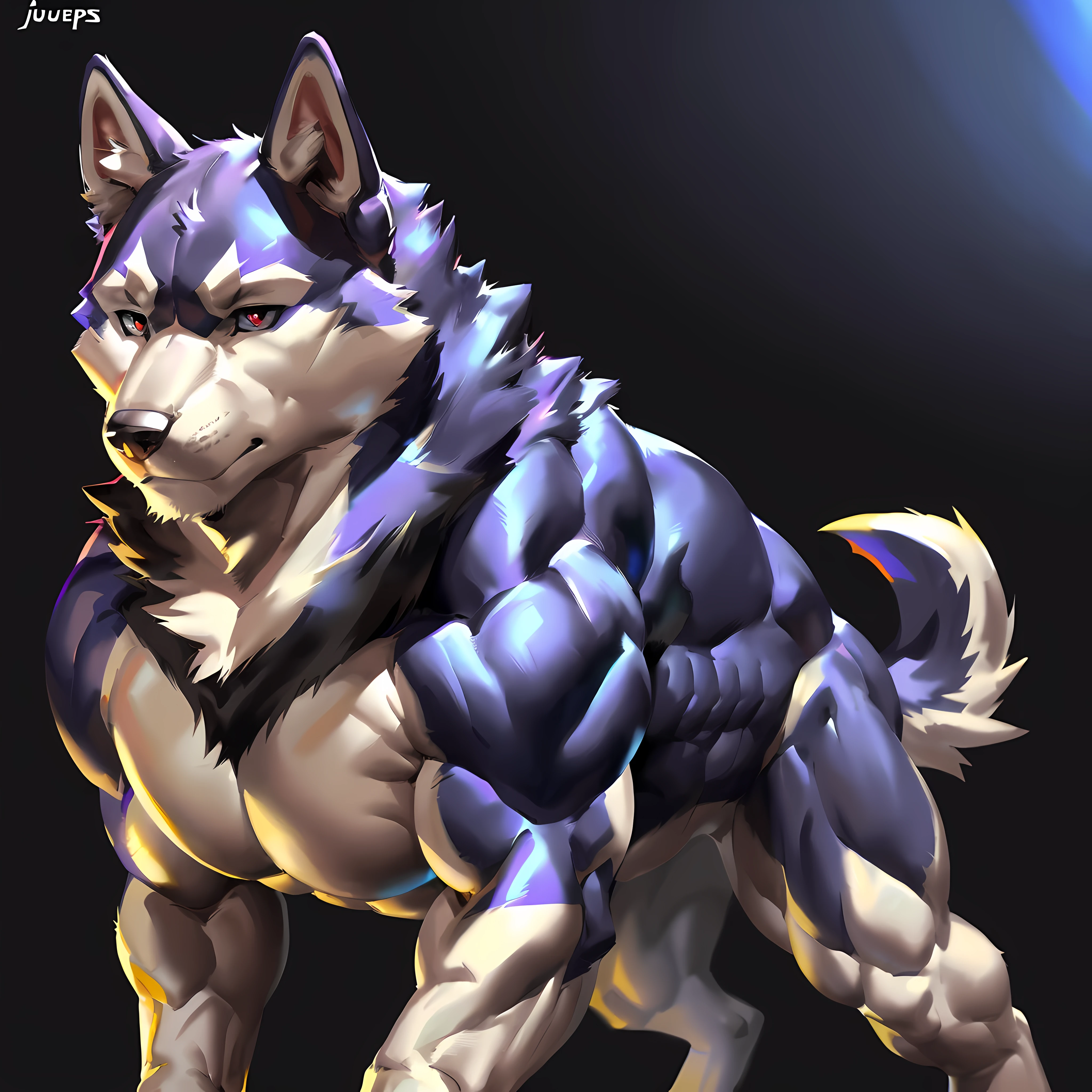 very muscular feral husky posing for the camera. 4k, high resolution, best quality, perfect colors, perfect shadows, perfect lighting, posted on e621, furry body, (feral husky, quadruped husky:1.2), male, adult, masculine, (very muscular, large muscles, buff:1.2), correct anatomy, (photorealistic fur, detailed fur, epic, masterpiece:1.2), (black background, no background, featureless background:1.2), sexy shadows, (by echin, by vorusuarts, by Traver009, by Juiceps), (detailed husky eyes:1.2), sexy, shiny muscles, impressive physique, confident, serious face, growl, vascular, proud