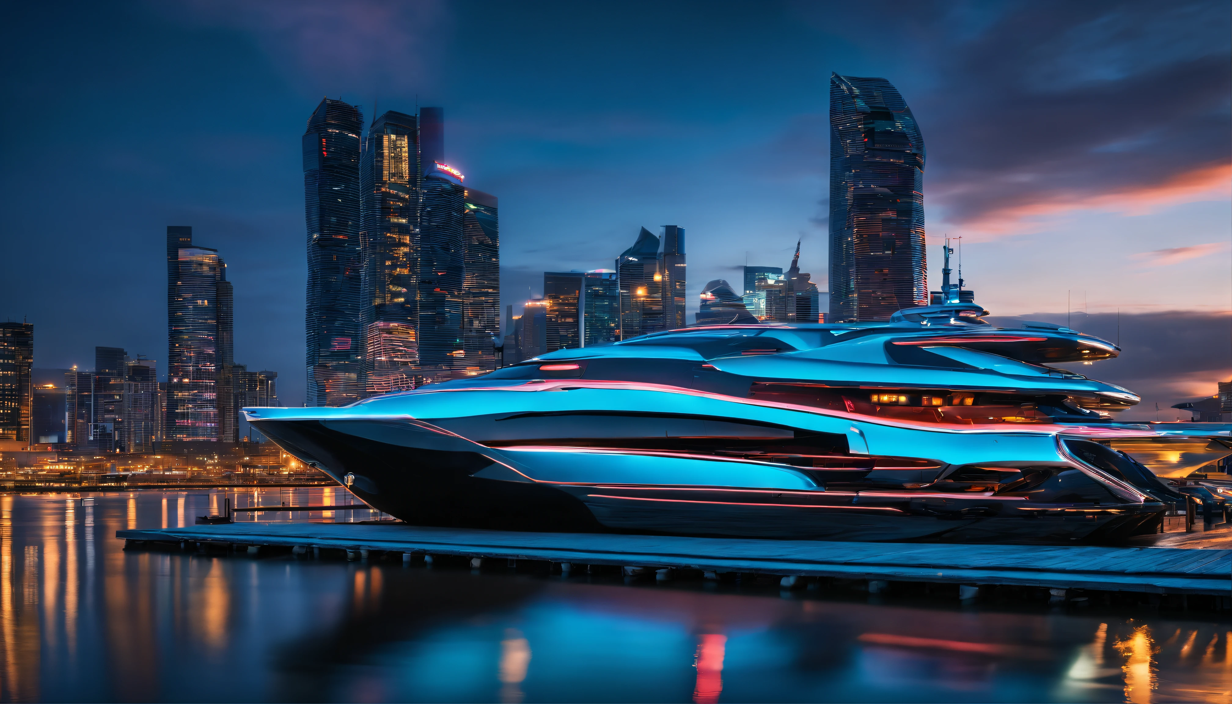 Create an award-winning image of a futuristic luxury yacht docked at a vibrant, bustling harbor during the blue hour. The city lights reflected on the water, combined with long-exposure photography, should capture the style of Michael Kenna.