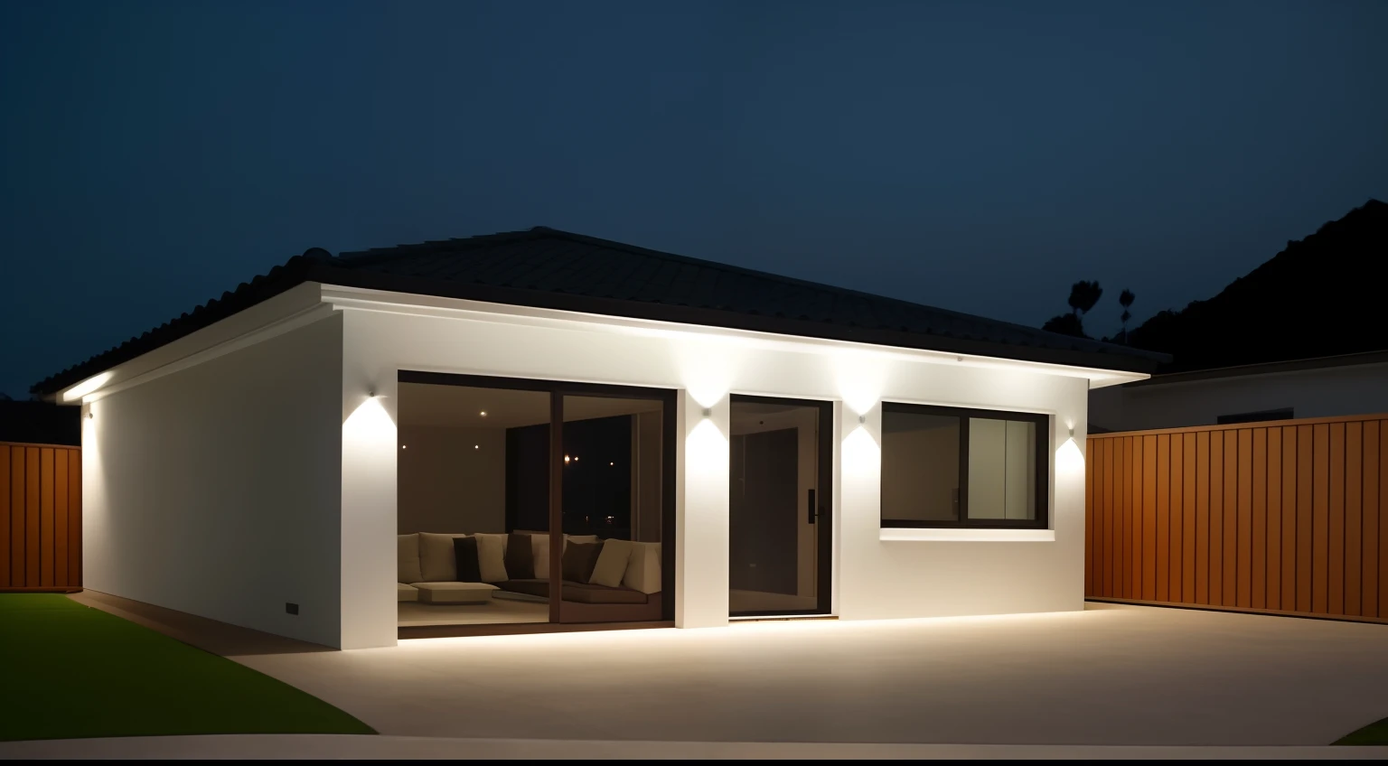 Northeast South-West View,casa pequena, ((Estilo moderno)), garagem, porta, janela e um gramado verde, Modern setting, Obra-prima premiada, crisp smooth clean lines, Minimalismo elegante, majestosa obra-prima, renderizado, iluminado, night ligthning, Design moderno, Detalhe poderoso, outside lighting, Obra-prima premiada, night time render, Ultra moderno, night time, Night lighting, crisp smooth lines, Estilo moderno, Linhas deslumbrantes