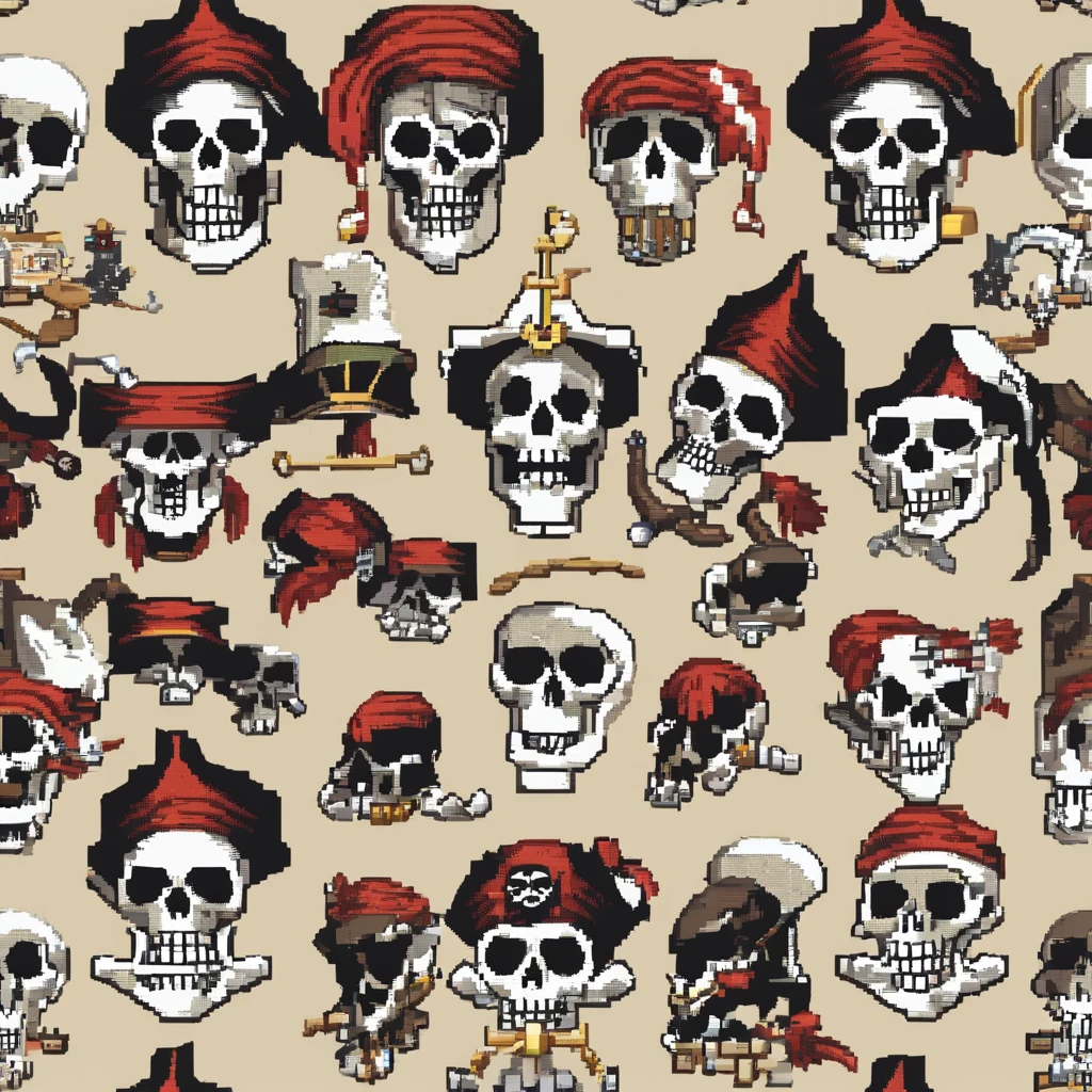 Create an image of pirate skulls for an NFT collection called Pirate Skulls, each picture must have different traits, treasury, weapon, hat, colar, face, etc.