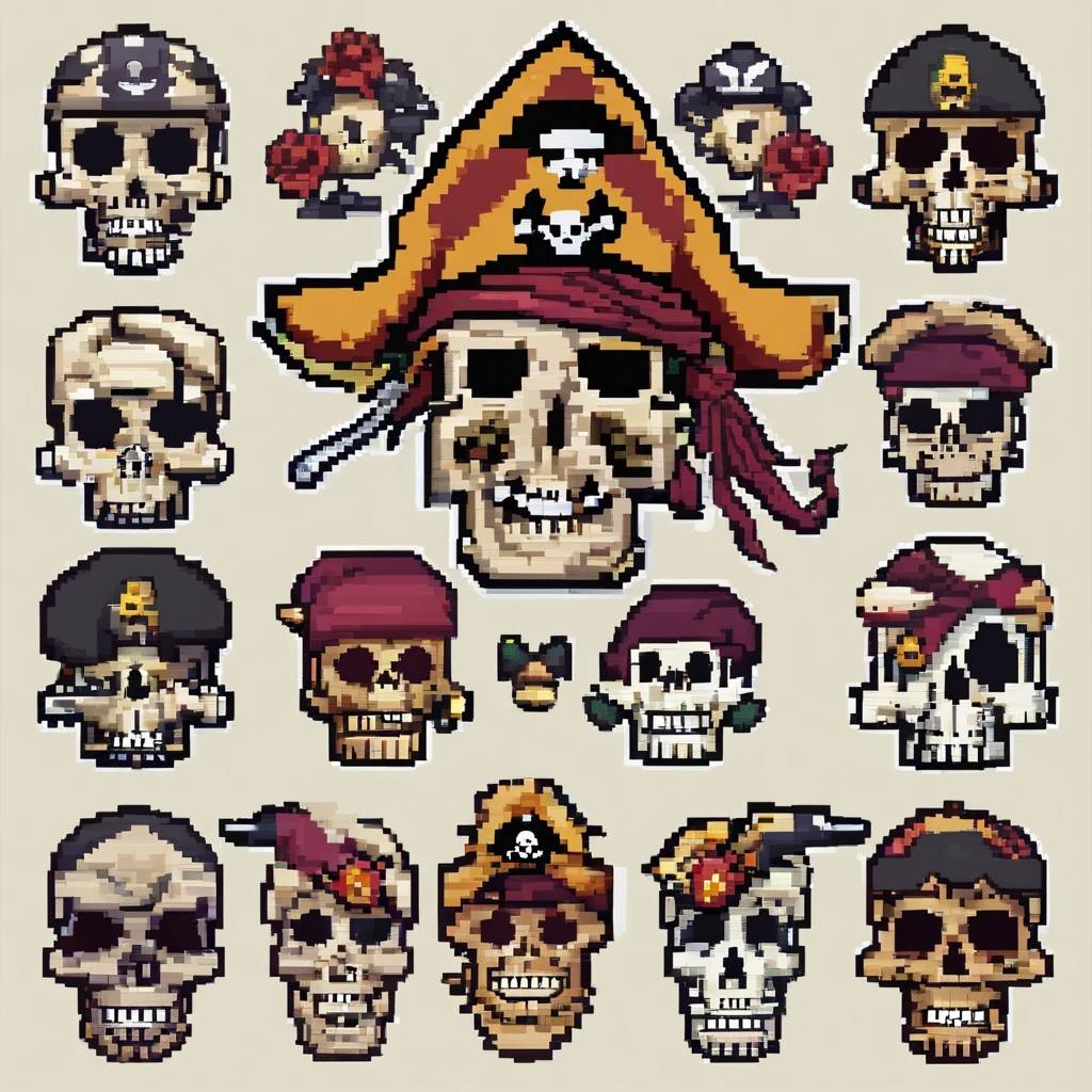 Create an image of pirate skulls for an NFT collection called Pirate Skulls, each picture must have different traits, treasury, weapon, hat, colar, face, etc.