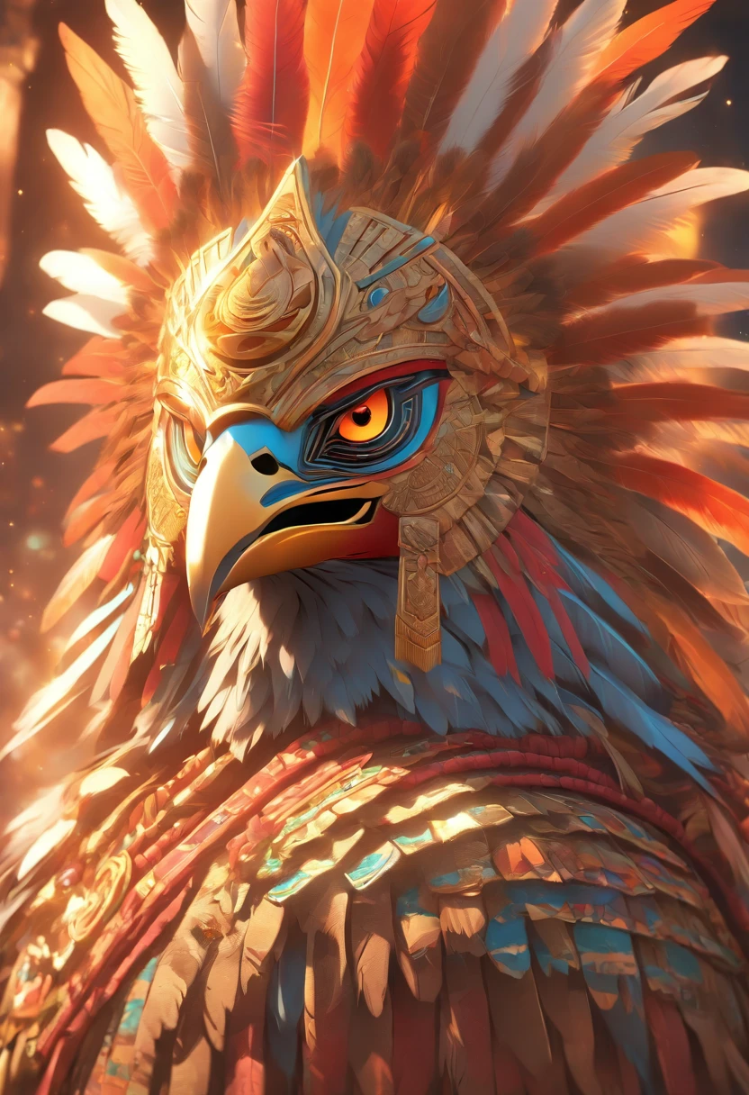 (((Bird Head))) best quality, ultra-high resolution, 4K detailed CG, master piece, Vucub Caquix, Mayan clothing,sun shine, sun god,Mayan mythology, Mexico, aesthetics, ((Bird helmet )), Beautiful image, centered on the screen