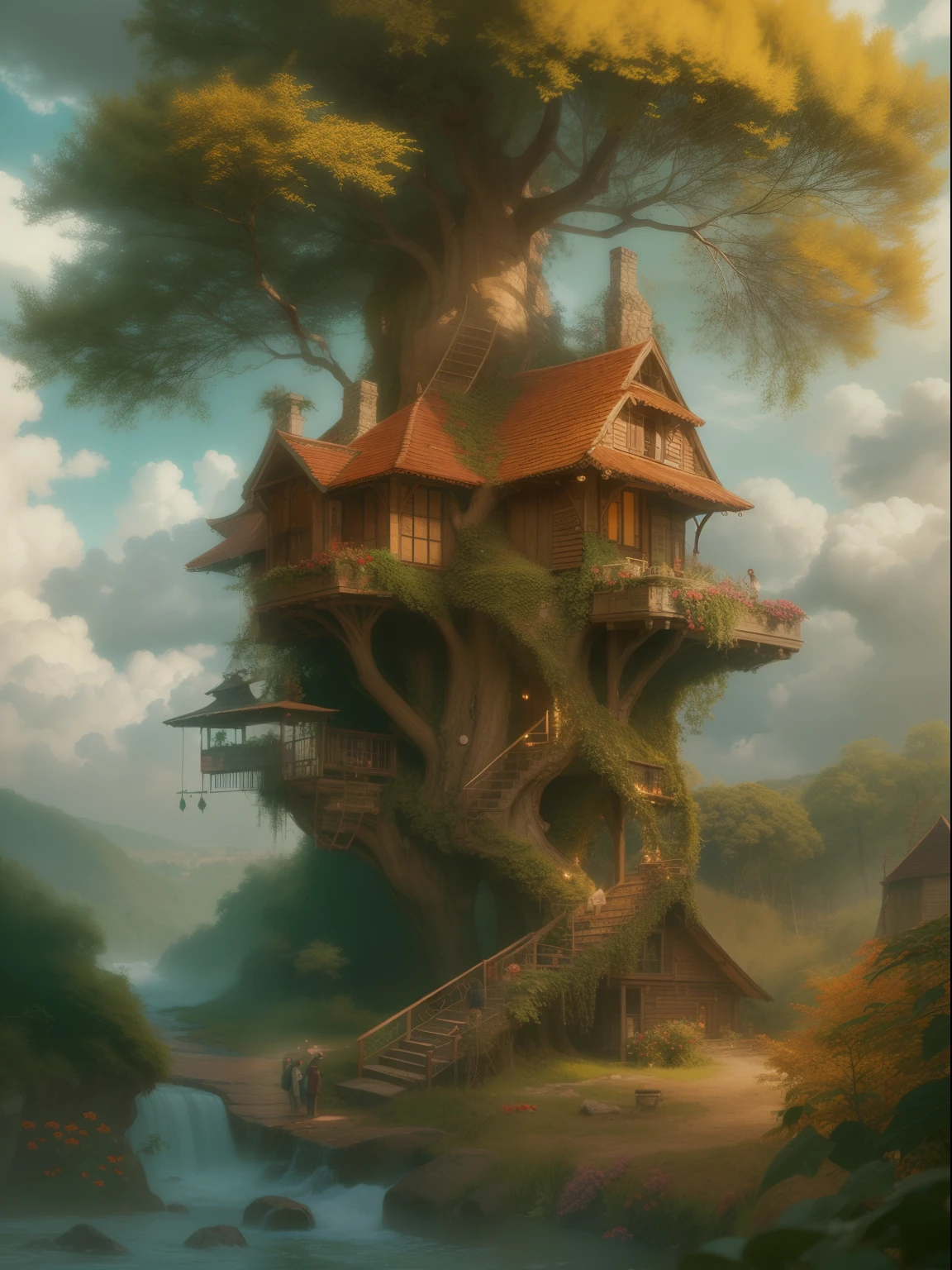 A medieval tree house nestled in the clouds on a surreal sunny day, Beautiful, ambiance, Ambiente, niebla, humo, Chimenea, lluvia, Pozo, Wet, pristine, Charcos, cascada, Flujo claro, puente, naranja, verde, VITRAL, bosque, flores, Concept art illustration, Color page, 4 mil, Mapeo de tonos, dollface, Akihiko Yoshida, James Jean, andrei riabovitchev, Marc Simonetti, Yoshitaka Amano, Digital illustration, Greg Rutowski, volumetric illumination, Rayos, particuls, Rembrandt