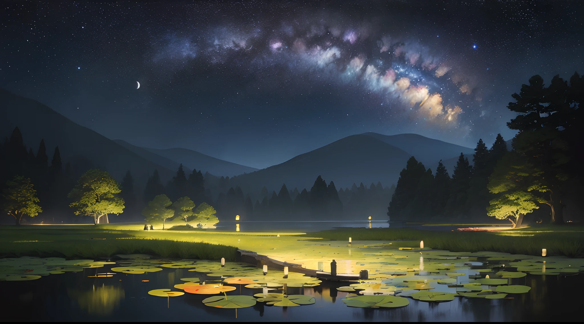 masterpiece, best quality, ultra-detailed, illustration, Lily pond night, pond grass, Stone bridge with lanterns at night, white koi fish, midnight, beautiful night sky, crescent moon, starry night, galaxy, surreal scenery, 4k, 8k, shadows, contrast, clear sky, constellations, Milky Way, peaceful, serene, quiet, tranquil, remote, secluded, adventurous, exploration, escape, independence, survival, resourcefulness, challenge, perseverance, stamina, endurance, observation, intuition, adaptability, creativity, imagination, artistry, inspiration, beauty, awe, wonder, gratitude, appreciation, relaxation, enjoyment, rejuvenation, mindfulness, awareness, connection, harmony, balance, texture, detail, realism, depth, perspective, composition, color, light, shadow, reflection, refraction, tone, contrast, foreground, middle ground, background, naturalistic, figurative, representational, impressionistic, expressionistic, abstract, innovative, experimental, unique