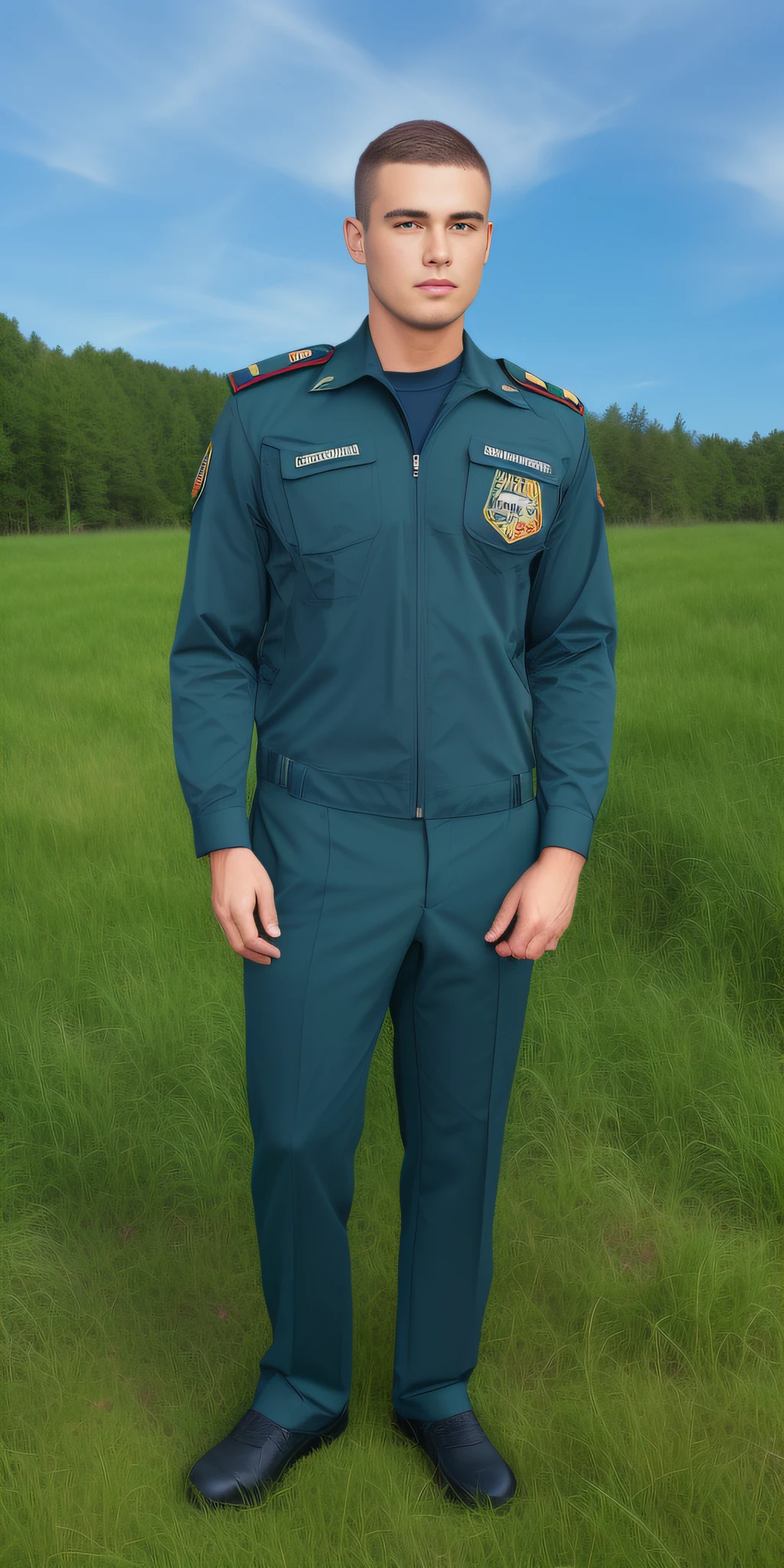 Man in green uniform , pants , Shoes with even numbers , Standing in tall grass, Nature, woods, grass