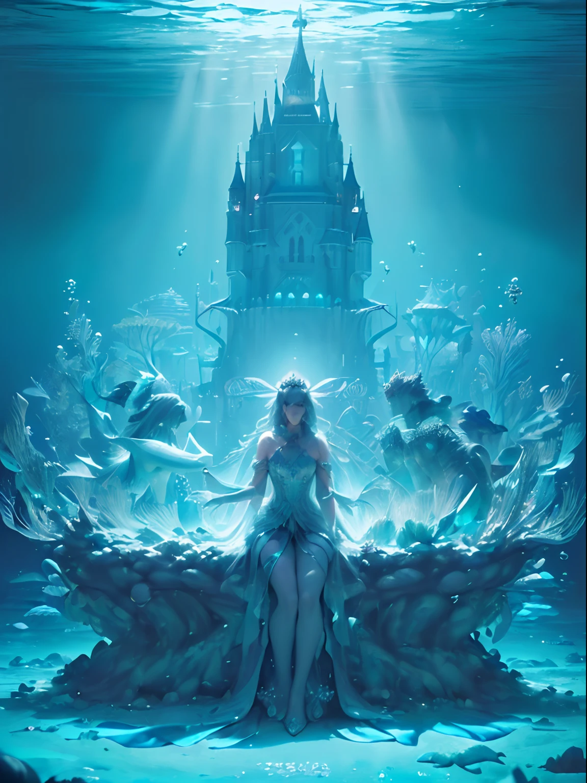 (Luxurious and majestic underwater castle:1.5),(Mysterious underwater kingdom，Light at the bottom of the deep sea，Colorful coral reefs and tropical fish，Sparkling jellyfish）,(Strong lighting and shadows，Beautiful depth of field，A variety of exotic sea creatures),(Film grain and render chromatic aberration，movie level special effects，Fine, Ultra-detailed, Highly realistic high-resolution imaging review)