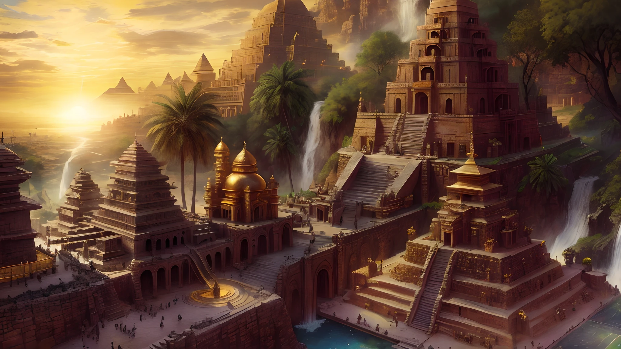 Masterpiece, best quality, very detailed ancient city made of gold with golden shiny pyramids and ancient temples, huge statues, green palm trees, the Sun shines bright, very light, waterfalls