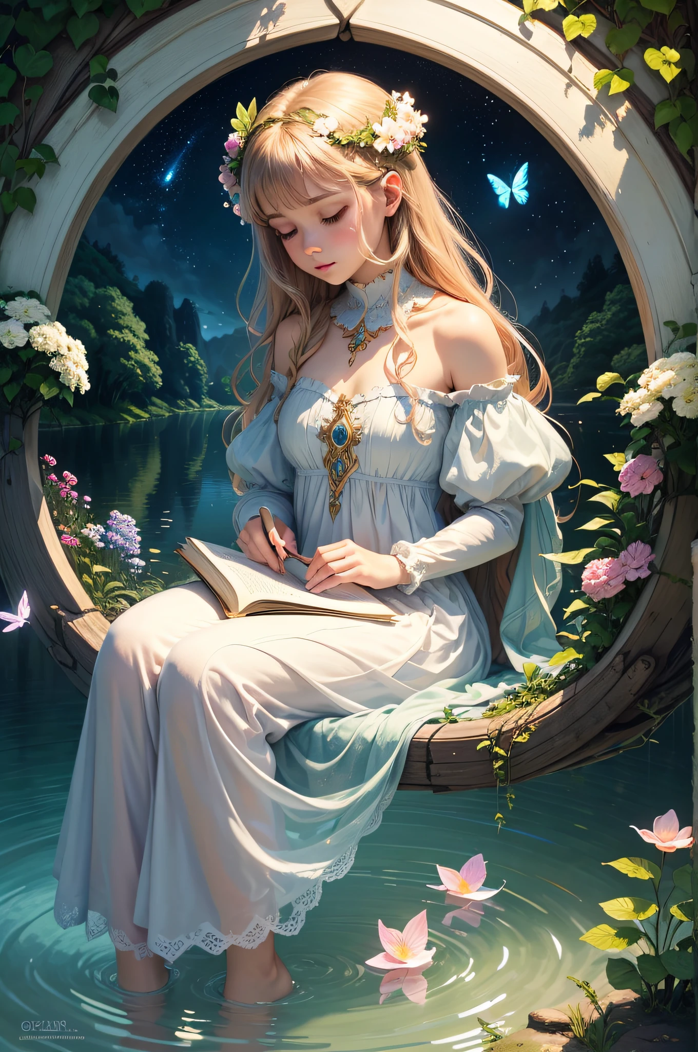 best quality,4k,8k,highres,masterpiece:1.2,ultra-detailed,realistic:1.37,portrait,beautiful detailed eyes,beautiful detailed lips,extremely detailed eyes and face,long eyelashes,girl,garden,reading,a book,peaceful,serene atmosphere,golden sunlight,soft shadows,gentle breeze,greenery,nature,fantasy elements,whimsical,enchanted,romantic,ethereal,colorful flowers,flying birds,delicate butterflies,magical creatures,universe,cosmic,stars,galaxies,moonlit sky,crystal-clear lake,reflection,tranquil water,peaceful ambiance,sun-drenched,daydreaming,wonder,imagination,dreamy,artistic,impressionistic,subtle brushstrokes,vibrant colors,soft pastels,light and airy,impressionist painting,aesthetic,contentment,solitude,quietude,unforgettable moment,blissful,escape from reality,fairy tale,dreamland,mystical,happiness