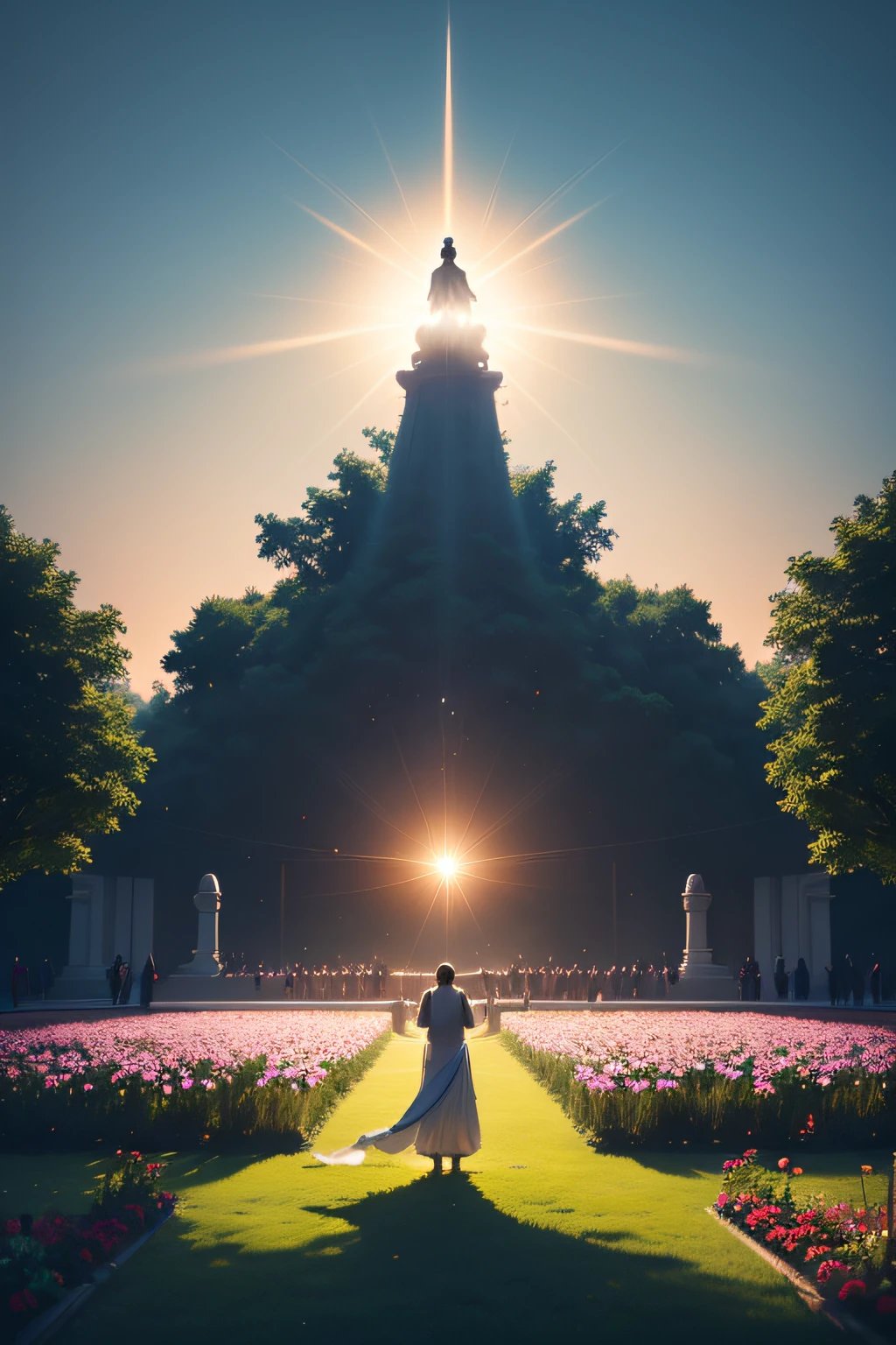 Generate an inspiring image set in a vast garden with many trees where a large group of people place themselves in worship of a miraculous deity. Divinity manifests as a luminous and ethereal silhouette in the sky.