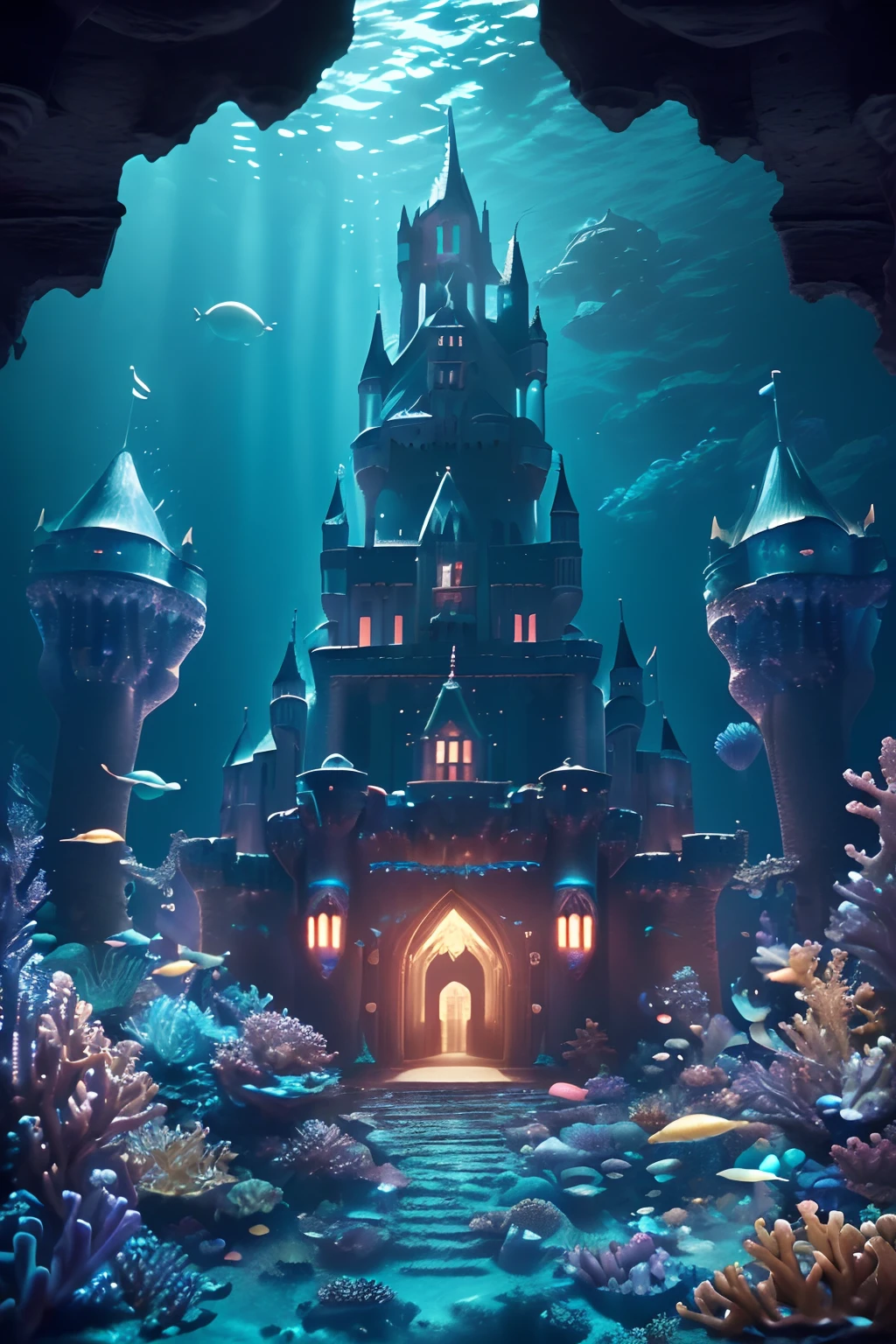 (Mysterious underwater kingdom，Light at the deep seabed，Colorful coral reefs and tropical fish，Sparkling jellyfish）,(Gorgeous Castle:1.5),(Strong lighting and shadows，Beautiful depth of field，A variety of exotic sea creatures),(Film grain and render chromatic aberration，movie level special effects，Fine, Ultra-detailed, Highly realistic high-resolution imaging review)