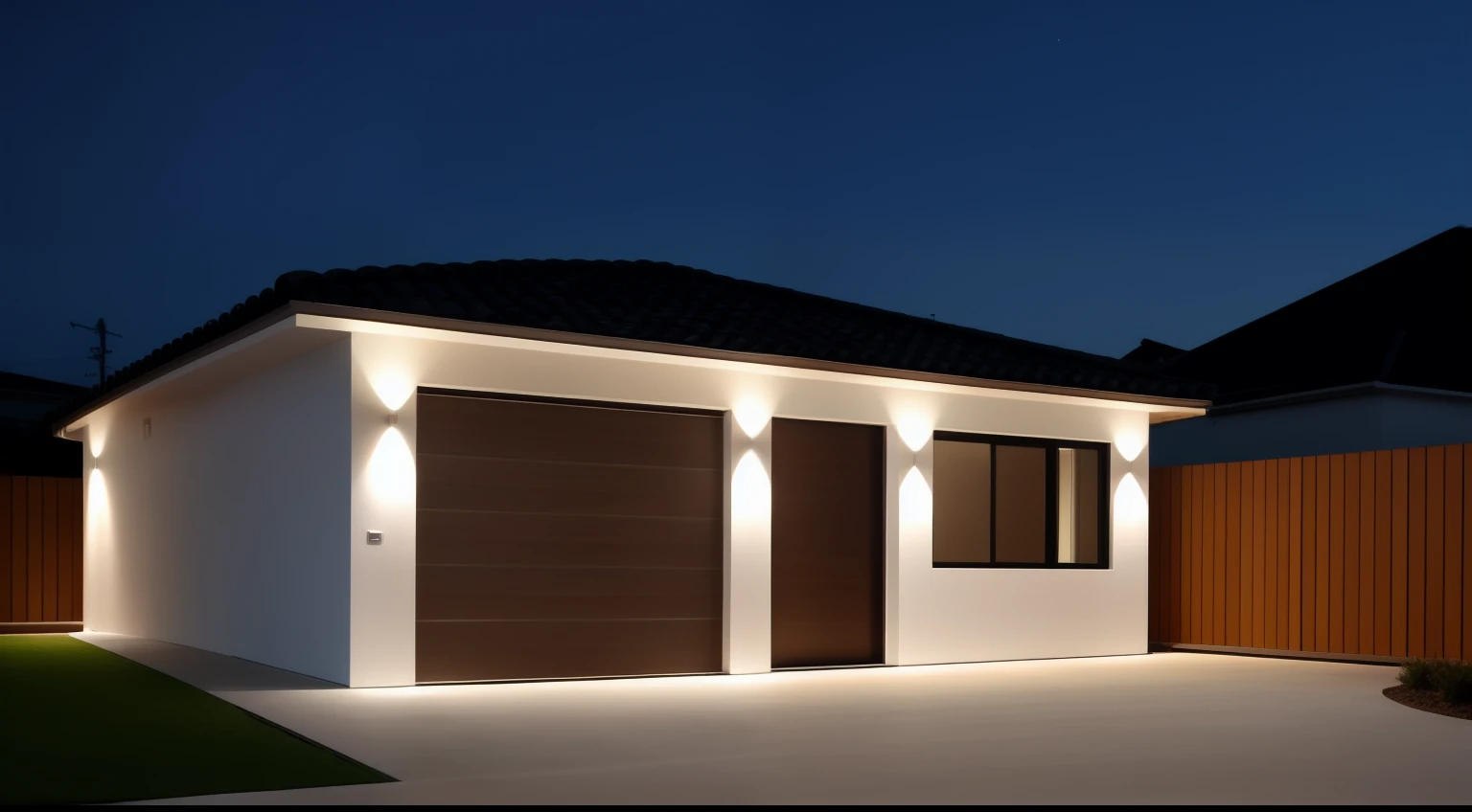 Vista Nordeste Sudoeste,casa pequena, ((Estilo moderno)), garagem, porta, janela e um gramado verde, Modern setting, Obra-prima premiada, crisp smooth clean lines, Minimalismo elegante, majestosa obra-prima, renderizado, iluminado, night ligthning, Design moderno, Detalhe poderoso, outside lighting, Obra-prima premiada, night time render, Ultra moderno, night time, Night lighting, crisp smooth lines, Estilo moderno, Linhas deslumbrantes