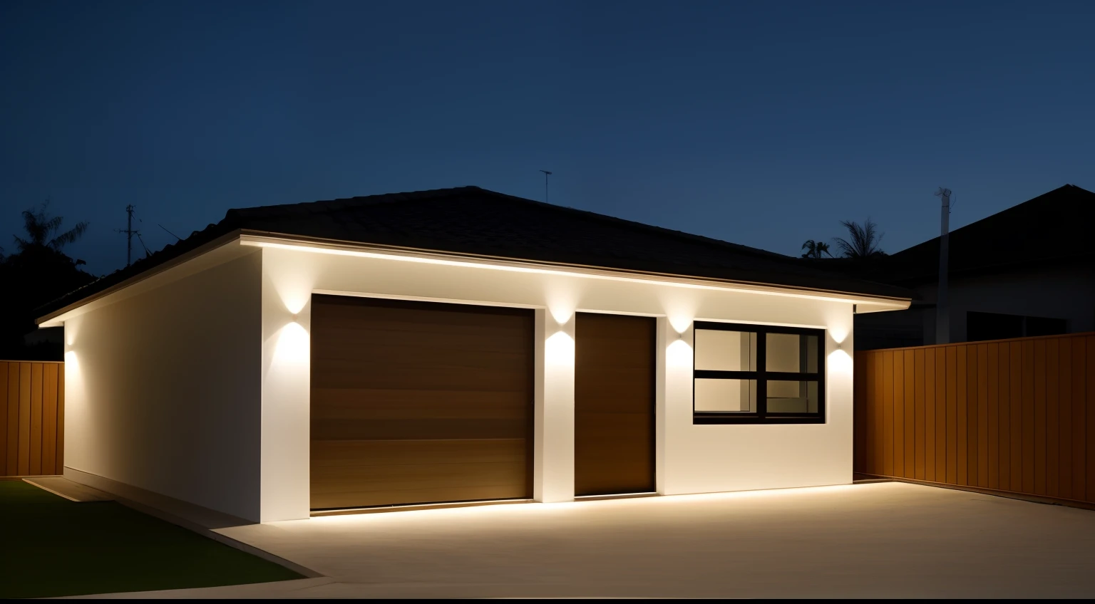 Vista Nordeste Sudoeste,casa pequena, ((Estilo moderno)), garagem, porta, janela e um gramado verde, Modern setting, Obra-prima premiada, crisp smooth clean lines, Minimalismo elegante, majestosa obra-prima, renderizado, iluminado, night ligthning, Design moderno, Detalhe poderoso, outside lighting, Obra-prima premiada, night time render, Ultra moderno, night time, Night lighting, crisp smooth lines, Estilo moderno, Linhas deslumbrantes