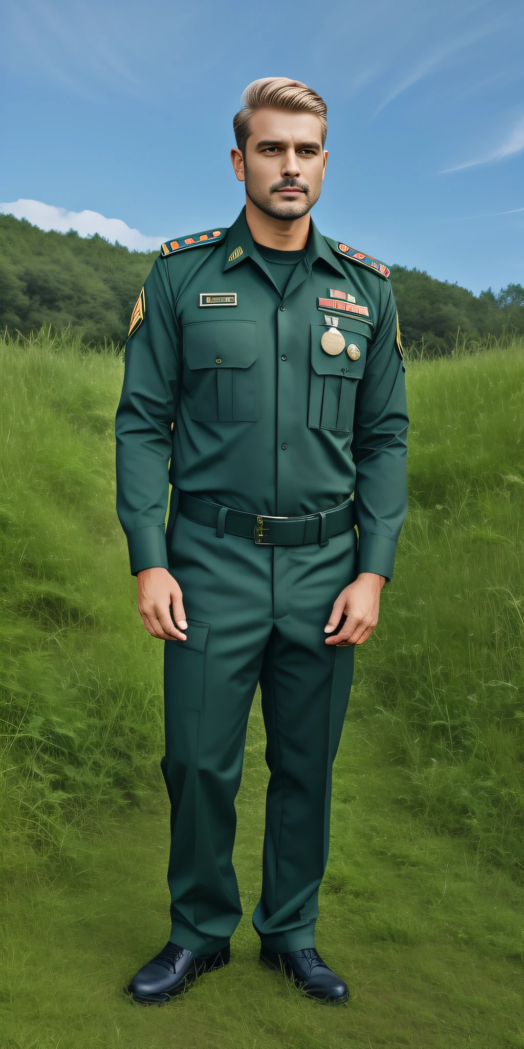 Man in green uniform , pants , Shoes with even numbers , Standing in the grass, Nature, woods, grass