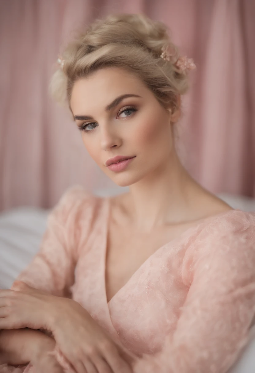 um close up de uma mulher com cabelo rosa sentada em uma cama, algum rosa, Garota sexy, Amouranth, menina cor-de-rosa, mais conhecido como Amouranth, pele rosa lisa, na minha cama, corpo rosa, na cama, sentada em sua cama, corpo sexy, Deusa loira, sentado na cama, Corpo bonito, corpo e rosto bonitos, Corpo Perfeito