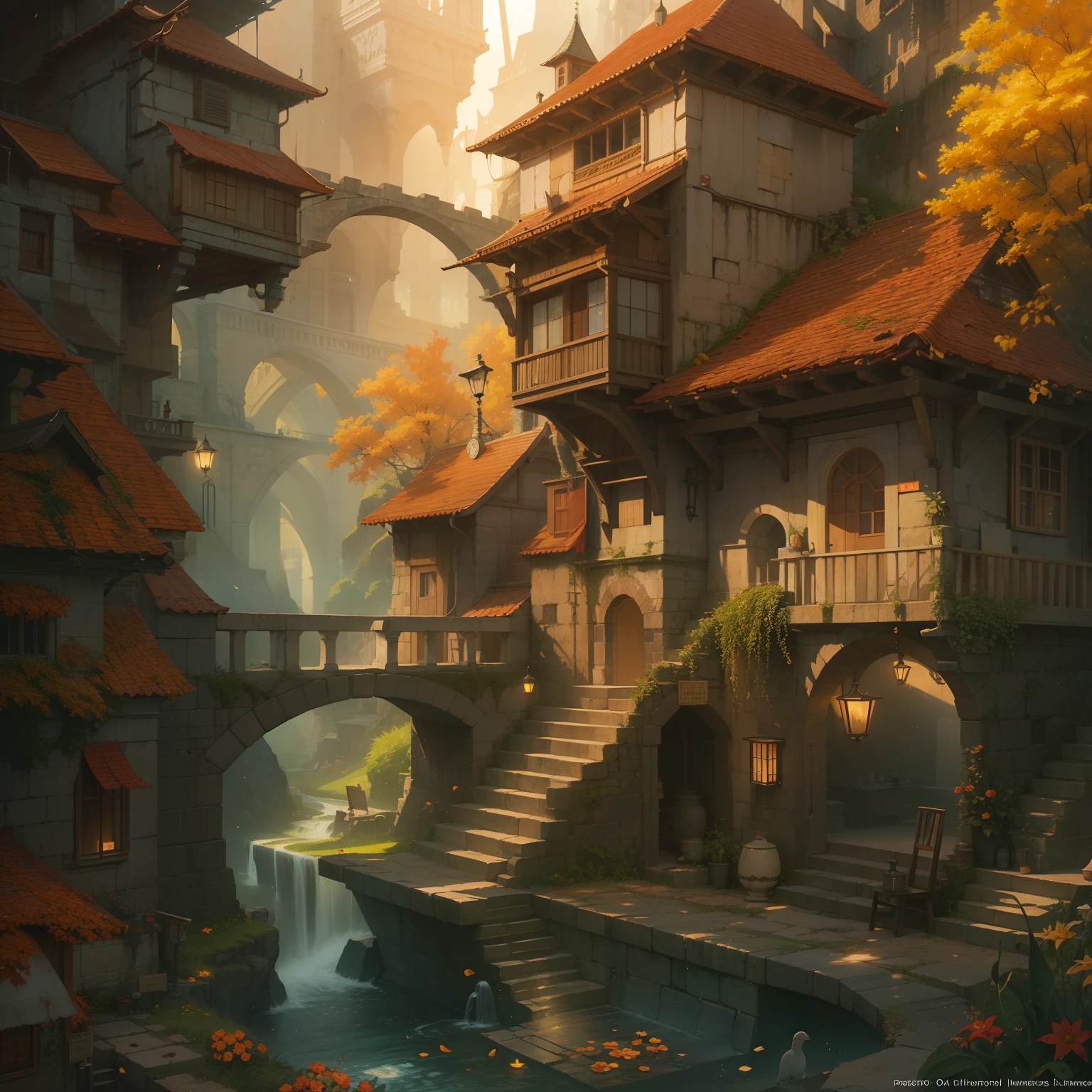 Un hogar humano medieval, recargado, Beautiful, ambiance, Ambiente, niebla, humo, Chimenea, lluvia, Pozo, Wet, pristine, Charcos, cascada, Flujo claro, puente, naranja, verde, VITRAL, bosque, flores, Concept art illustration, Color page, 4 mil, Mapeo de tonos, dollface, Akihiko Yoshida, James Jean, andrei riabovitchev, Marc Simonetti, Yoshitaka Amano, Digital illustration, Greg Rutowski, volumetric illumination, Rayos, particuls, Rembrandt