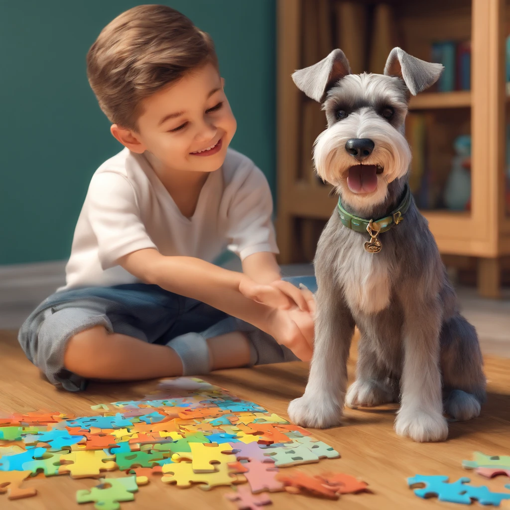 um menino humano sorridente de 5 anos, com seu cachorro schnauzer, Assemble a jigsaw puzzle