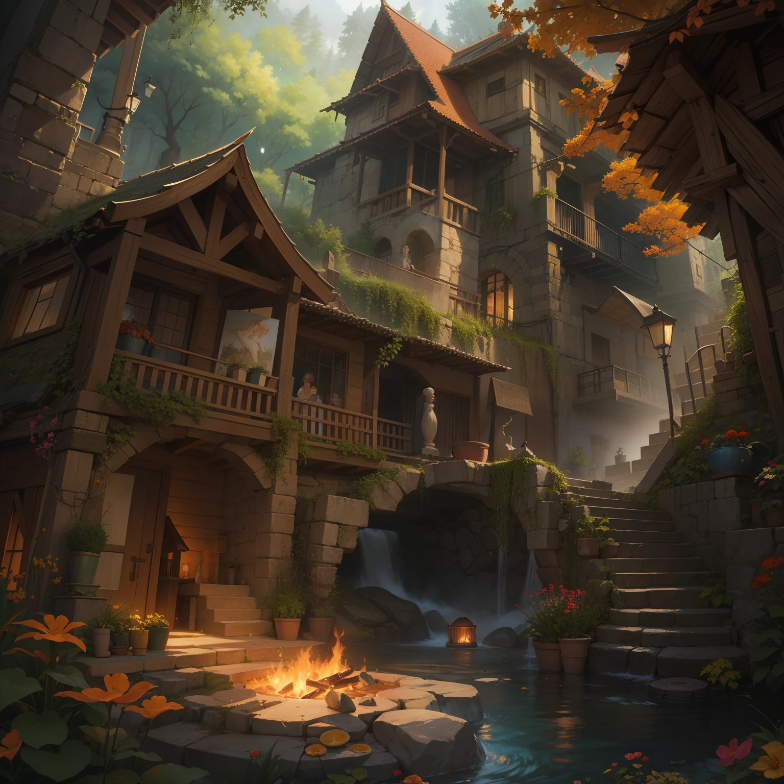 Un hogar humano medieval, recargado, Beautiful, ambiance, Ambiente, niebla, humo, chimenea, lluvia, Pozo, Wet, pristine, Charcos, cascada, Flujo claro, puente, naranja, verde, VITRAL, bosque, flores, Concept art illustration, Color page, 4 mil, Mapeo de tonos, dollface, Akihiko Yoshida, James Jean, andrei riabovitchev, Marc Simonetti, Yoshitaka Amano, Digital illustration, Greg Rutowski, volumetric illumination, rayos, particuls, Rembrandt