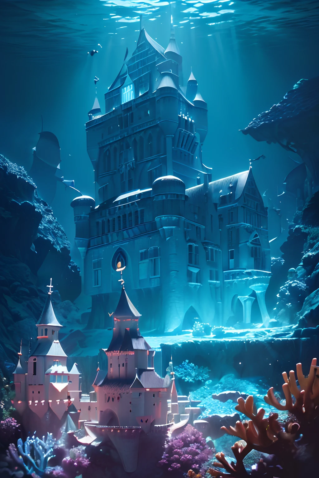 (Mysterious underwater kingdom，Light at the bottom of the deep sea，Colorful coral reefs and tropical fish，Sparkling jellyfish）,(Gorgeous Castle:1.5),(Strong lighting and shadows，Beautiful depth of field，A variety of exotic sea creatures),(Film grain and render chromatic aberration，movie level special effects，Fine, Ultra-detailed, Highly realistic high-resolution imaging review)
