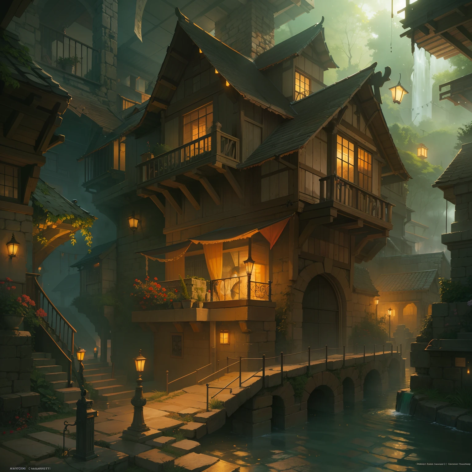 Un hogar humano medieval, recargado, Beautiful, ambiance, Ambiente, niebla, humo, chimenea, lluvia, Pozo, Wet, pristine, Charcos, cascada, Flujo claro, puente, naranja, verde, VITRAL, bosque, flores, Concept art illustration, Color page, 4 mil, Mapeo de tonos, dollface, Akihiko Yoshida, James Jean, andrei riabovitchev, Marc Simonetti, Yoshitaka Amano, Digital illustration, Greg Rutowski, volumetric illumination, rayos, particuls, Rembrandt
