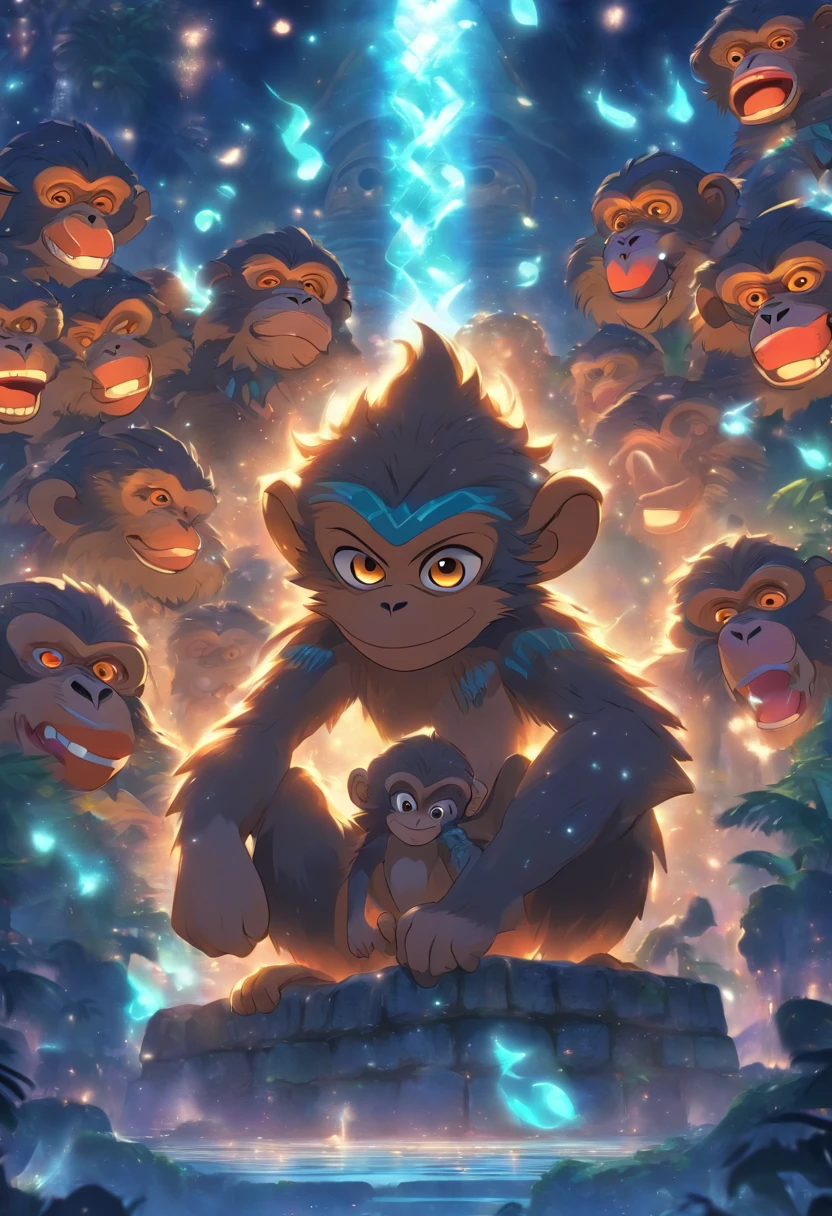 (((Mayan monkeys)) best quality, ultra-high resolution, 4K detailed CG, master piece, monkey gods, Mayan clothing, moonlight, Mayan mythology, Mexico, aesthetics, ((monkey)), Beautiful image, centered on screen