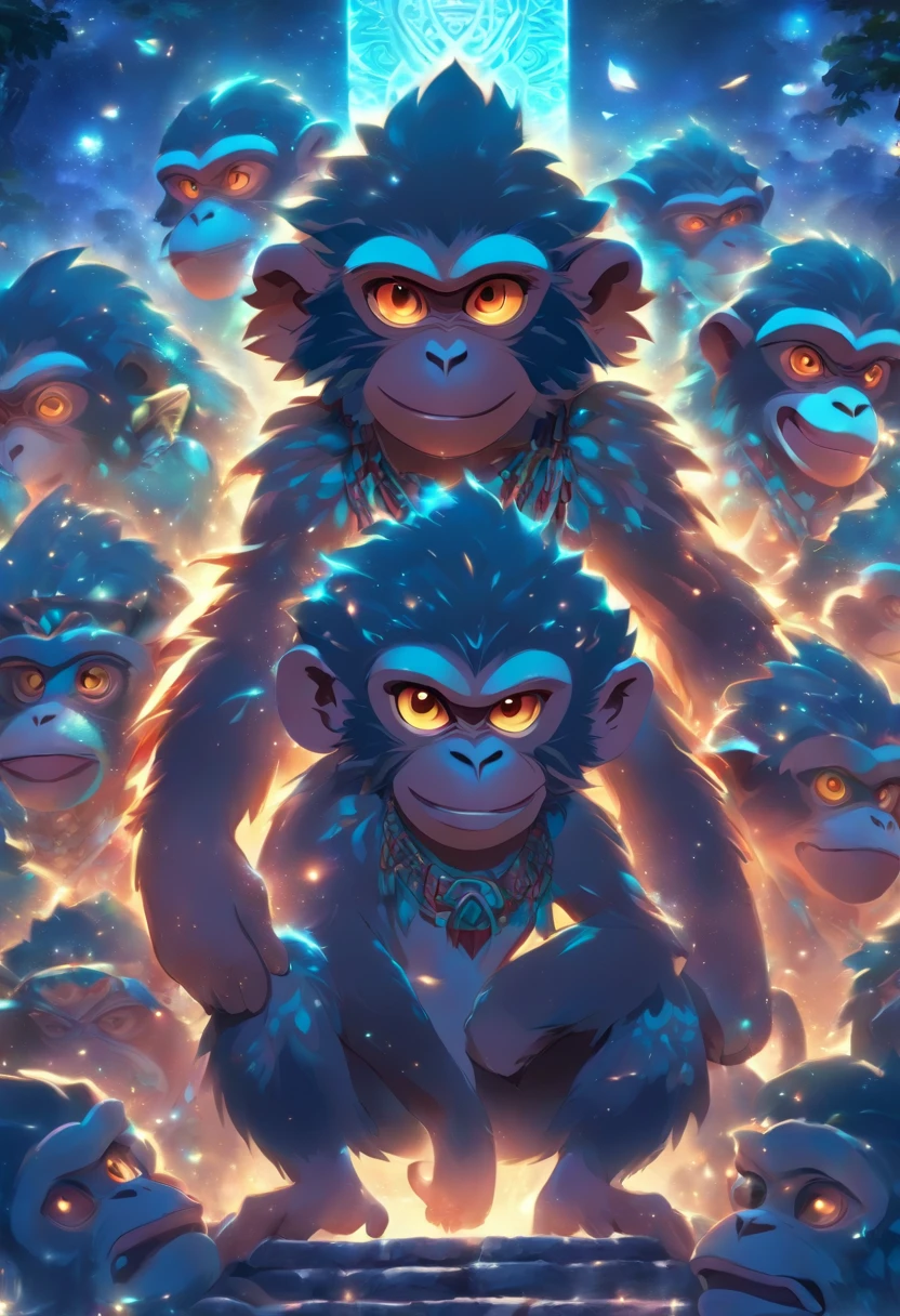 (((Mayan monkeys)) best quality, ultra-high resolution, 4K detailed CG, master piece, monkey gods, Mayan clothing, moonlight, Mayan mythology, Mexico, aesthetics, ((monkey)), Beautiful image, centered on screen