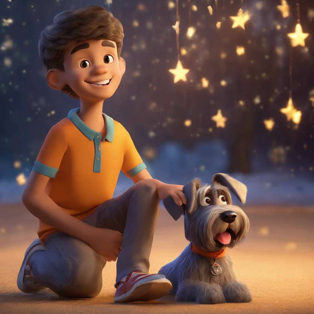 um humano sorridente de 5 anos, com seu cachorro schnauzer, apontado para as estrelas