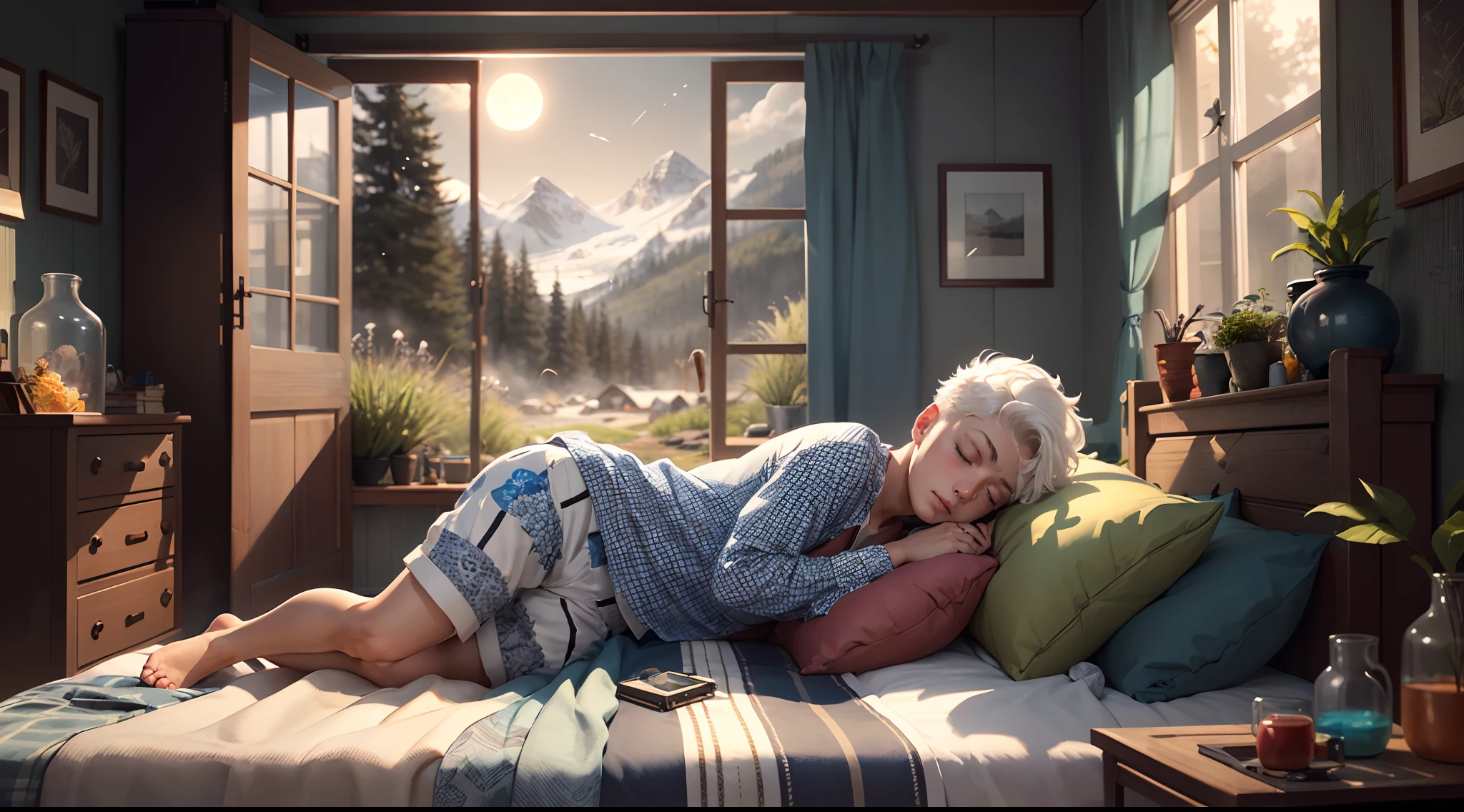 (Masterpiece, 4k resolution, ultra-realistic, very detailed), (White superhero theme, charismatic, a boy sleeping in his bed in his room, his room is a small forest, she is adventurous), [ ((10 years), (short white hair:1.2), full body, (blue eyes:1.2), ((sleeping pose), demonstration of tranquility, ), ((mountainous environment):0.8)| (forest landscape, daytime, dynamic lights), (full moon))] # Explanation: The Prompt mainly describes a 4K painting of ultra-high definition, very realistic, very detailed. It shows a boy sleeping in bed, wearing pajamas. (Masterpiece, best quality: 1.2), (Super detail), (Illustration), Wallpaper, original, Round Bottom Flask, Grass, Vine, Water, Flying Butterflies, Nature, Bright, Surrounded by Light, Terrarium, RPG Style, Cartoon, Fantasy, Mobile game, (Bright)