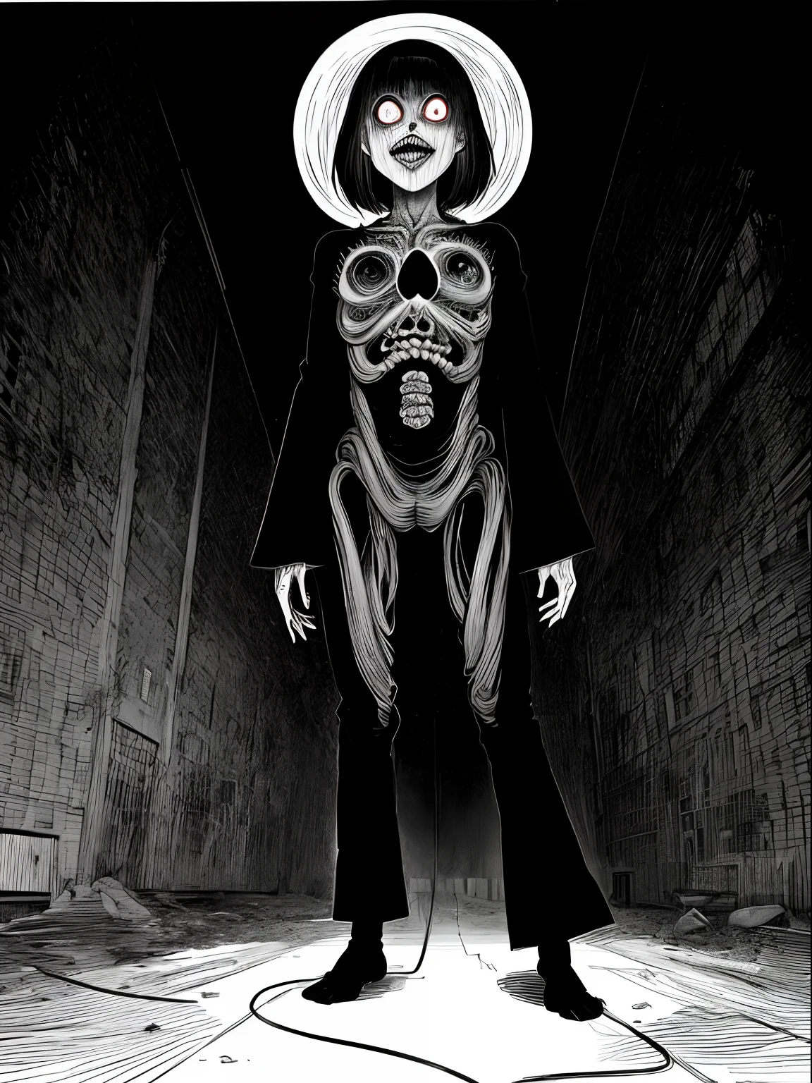 (Junji Ito:1.5), detailed black and white manga line art illustration of grotesque creepy girl, ((standing in street of warped surreal city)), ((warped surreal city in background)), ((full body shot)), dynamic pose, fractal art, scared, horrified, terrified, insane, creepy, unsettling, disturbing, body horror, (horror manga style), twisted, warped, psychological horror, grotesque, morbid, surreal,