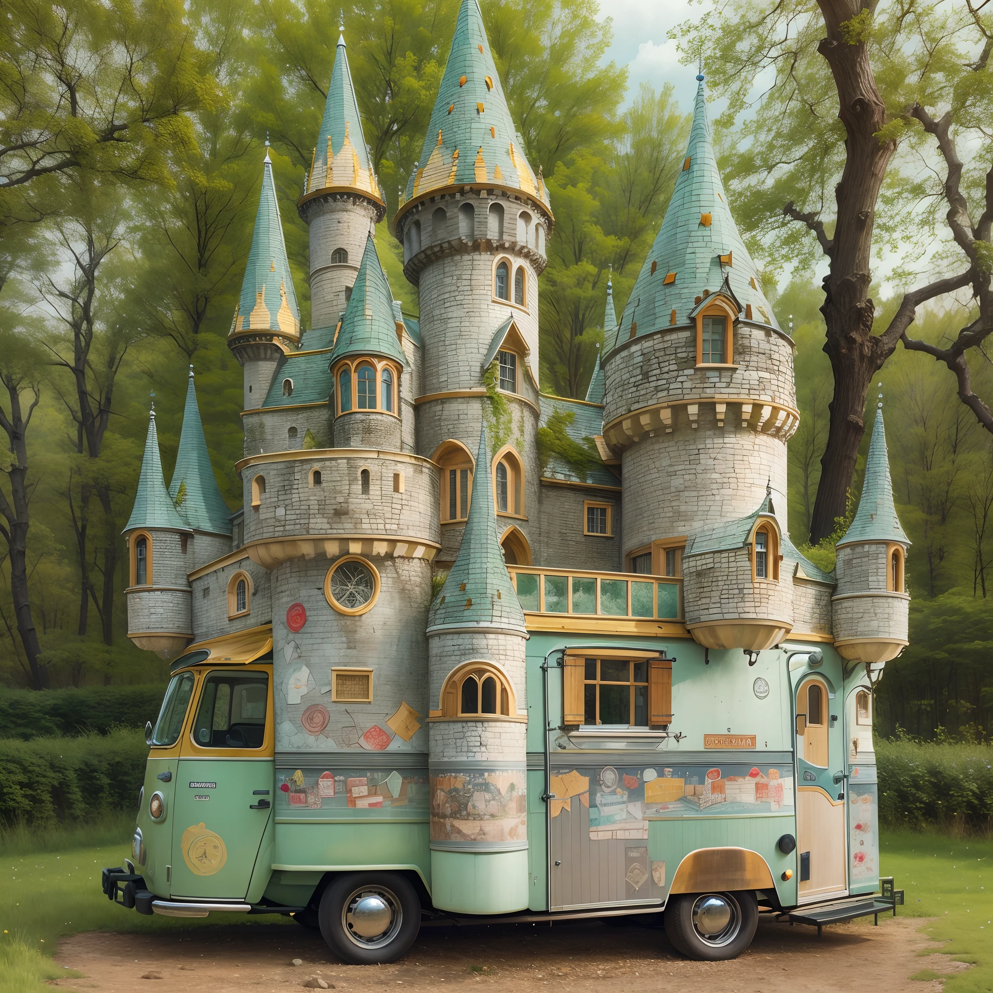 A camper van shaped like a castle
