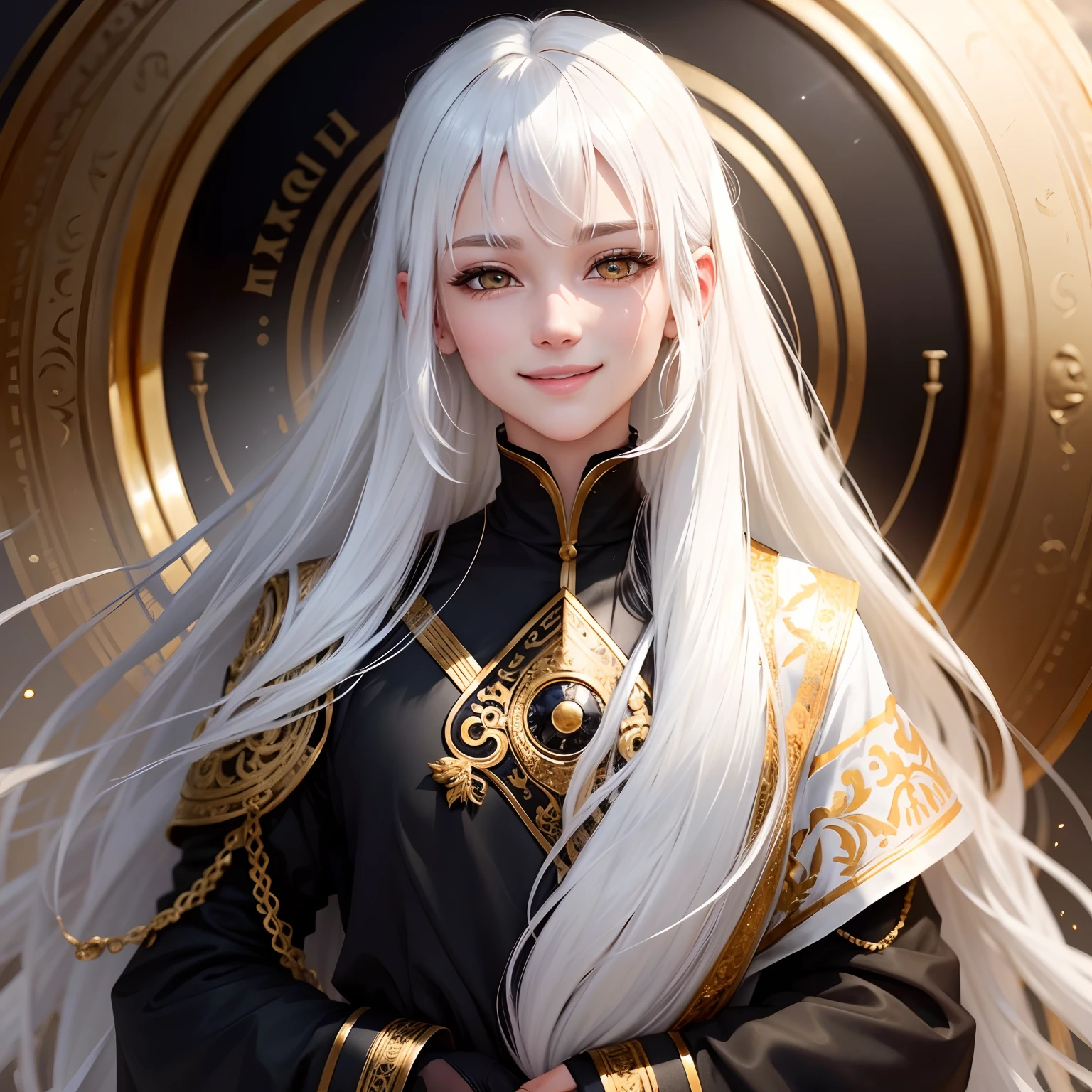 best quality, white hair, gold eyes, black clothes, hair strand, Fair skin, smiling