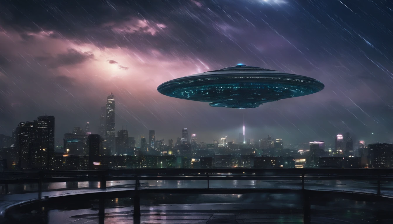 Generate a photo-realistic masterpiece capturing the arrival of an alien mothership during a thunderstorm over a metropolitan skyline at night. Utilize dynamic weather conditions, dramatic lighting, and mood, inspired by the photography style of Gregory Crewdson.