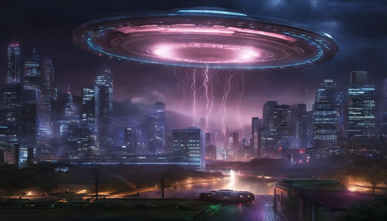 Generate a photo-realistic masterpiece capturing the arrival of an alien mothership during a thunderstorm over a metropolitan skyline at night. Utilize dynamic weather conditions, dramatic lighting, and mood, inspired by the photography style of Gregory Crewdson.