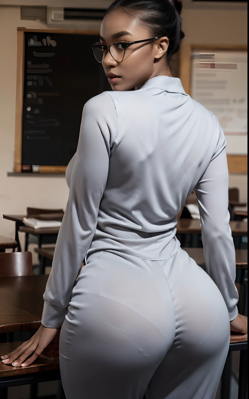 Masterpiece, ultra hd, 4k, high resolution detail, classroom background detailed, perfect lighting, sunset, 1 lady, solo shot, A afro ponytail lady,beautiful face detailed, eyes detailed, lips detailed, slender toned body, (thick thigh), (medium droopy breast), (rounded hips), (thick ass), perfect proportion and shape, seductive pose, back view, look at camera, fear face detailed, (long sleeve white blouse tucked in), ((grey tight shiny formal trouser)), dark skin , fair skin, ((glasses))