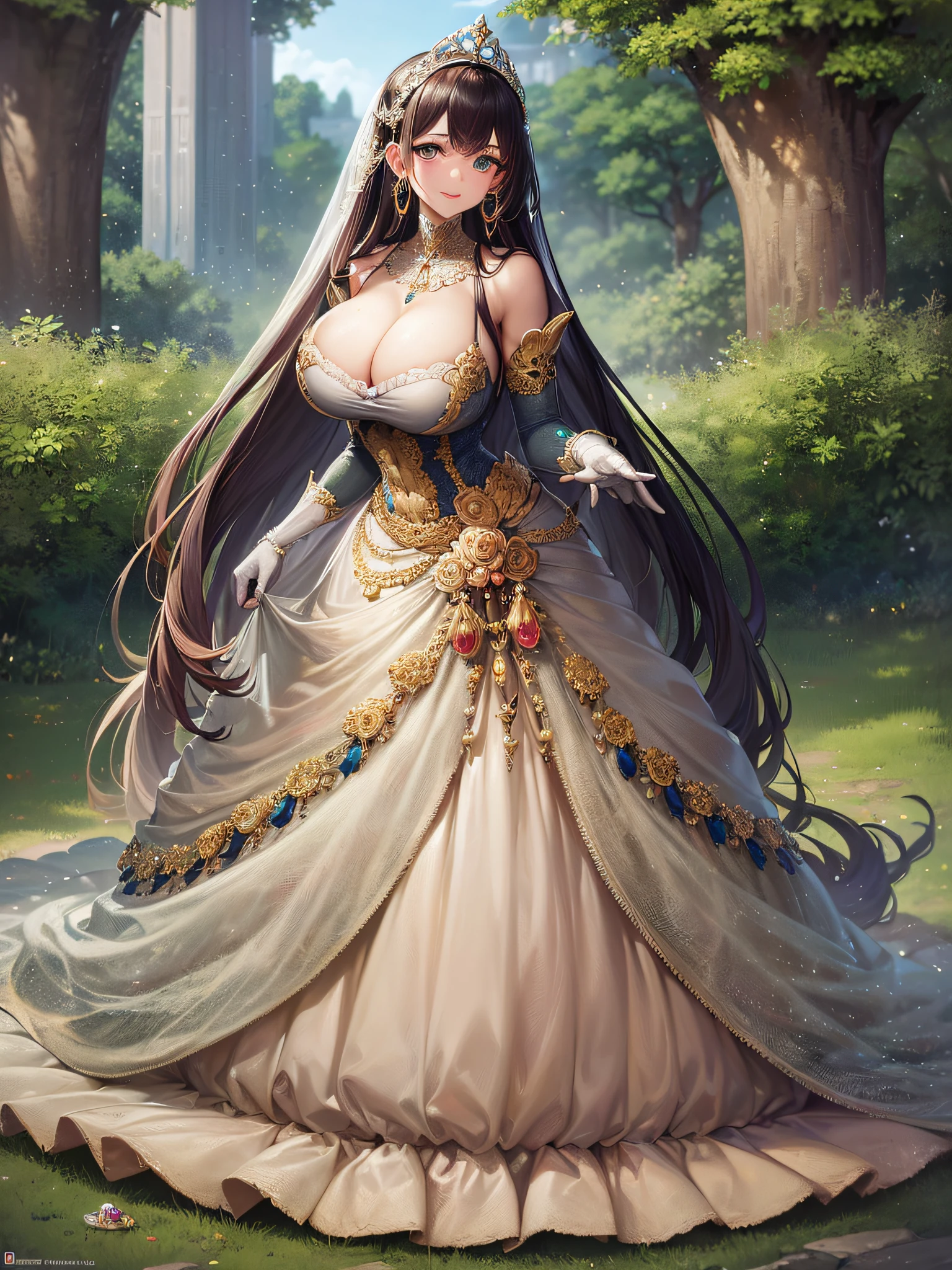 ((anime artstyle)),(Masterpiece),(Best Quality), (Super Detail),(Highly Detailed CG Unity 8k wallpaper),((Very Delicate and Beautiful)),cinematic lighting,1 girl,((full body portrait)),((standing in garden)),((solo)),(((1 fairytale princess in gorgeous embroidery and jeweled extremely gorgeous rococo princess ballgown with voluminous full length hoop skirt))),an hourglass waist,padded and corseted bodice,(((huge crinoline hoopskirt))),long train,((gorgeous embroidery and jeweled)),voluminous frills,See-through,(((extremely gigantic tits,skindentation))),cleavage,((absurdly Long Straight Hair,extremely voluminous Straight long Hair,absurdly Long Straight Hair)),(finely detailed face and eyes),(Blush,Smile),clear pupil,extremely gorgeousfull hair ornament,(bling-bling jeweled extremely gorgeousfull tiara),((bling-bling gorgeous gemstone jewelry)),gorgeous long veil,((ultra long gloves)),(beautiful background),(full body),((gorgeous embroidery and jeweled extremely gorgeous rococo princess ballgown with voluminous full length hoop skirt))