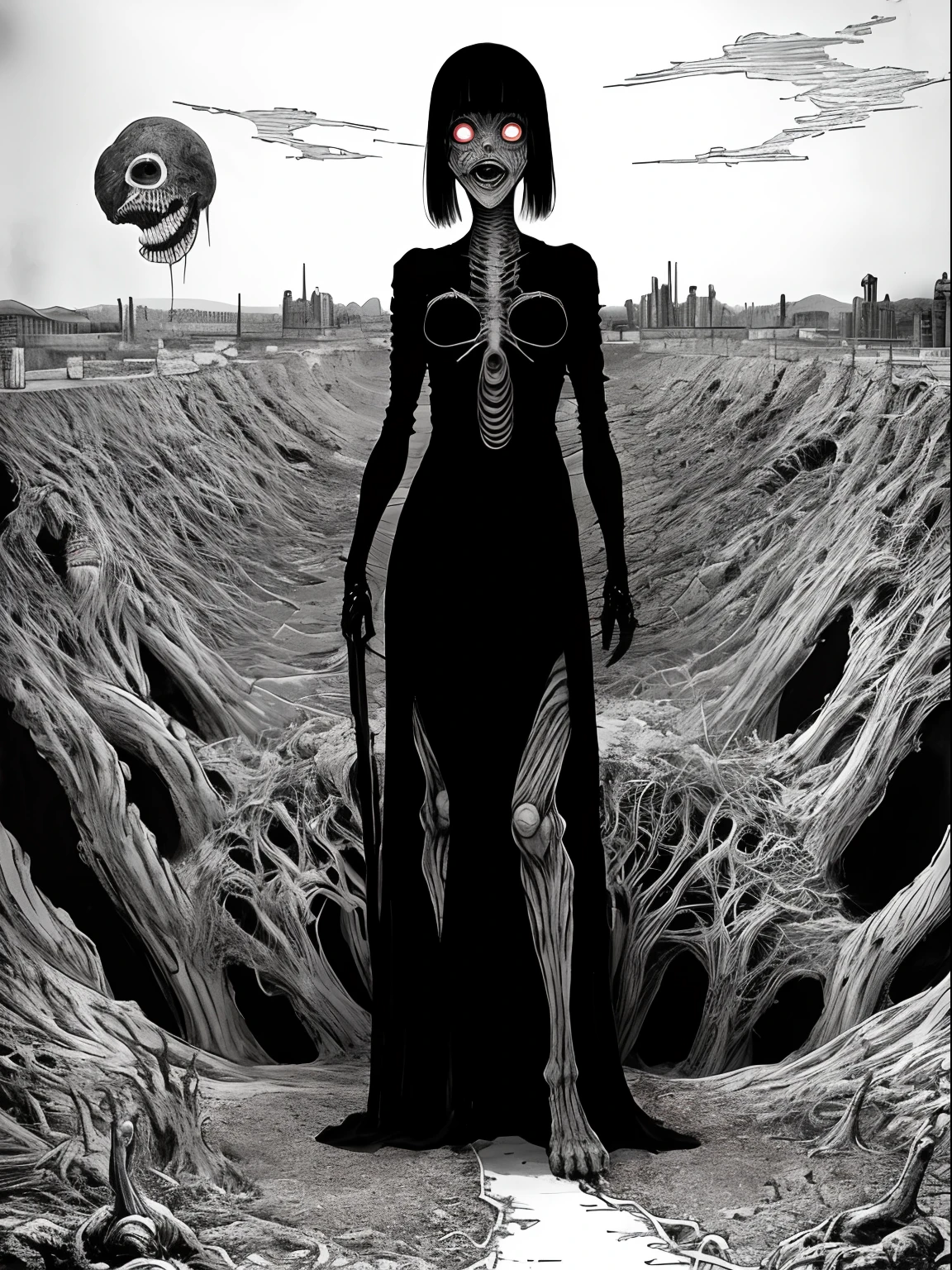 (Junji Ito:1.5), detailed black and white manga line art illustration of grotesque creepy girl, ((standing in street of warped surreal city)), ((warped surreal city in background)), ((full body shot)), dynamic pose, fractal art, scared, horrified, terrified, insane, creepy, unsettling, disturbing, body horror, (horror manga style), twisted, warped, psychological horror, grotesque, morbid, surreal,