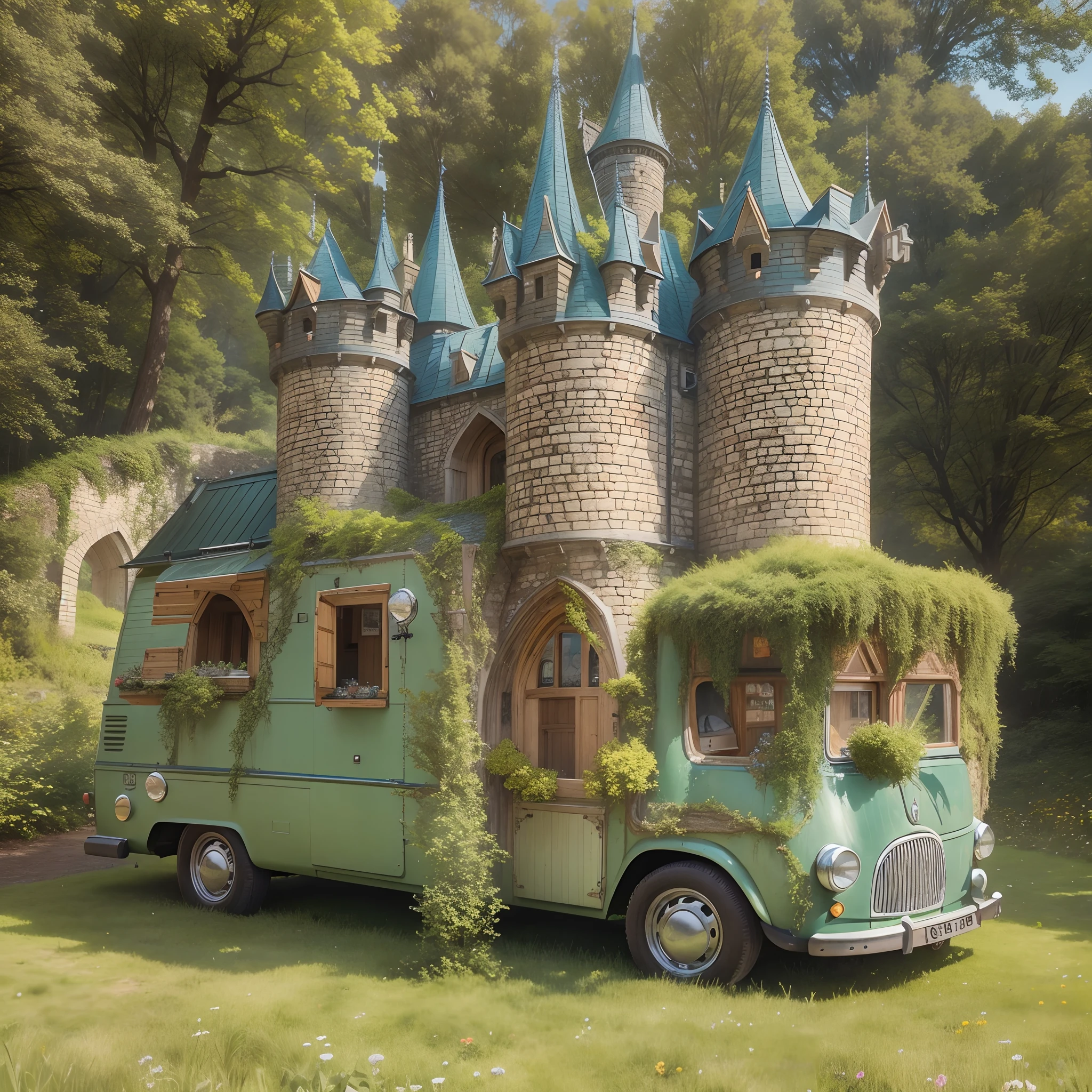 A camper van shaped like a castle