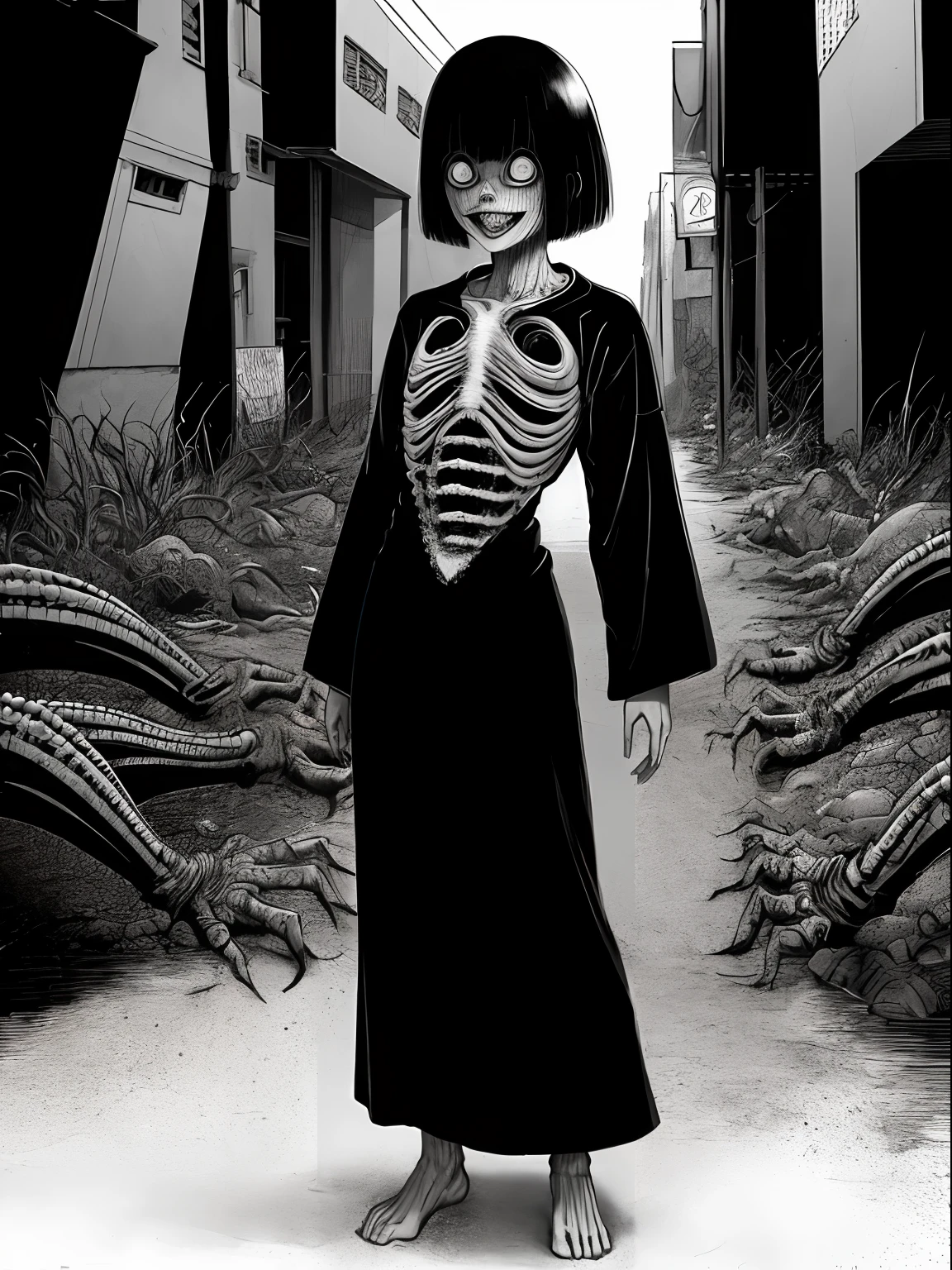 (Junji Ito:1.5), detailed black and white manga line art illustration of grotesque creepy girl, ((standing in street of warped surreal city)), ((warped surreal city in background)), ((full body shot)), dynamic pose, fractal art, scared, horrified, terrified, insane, creepy, unsettling, disturbing, body horror, (horror manga style), twisted, warped, psychological horror, grotesque, morbid, surreal, inspired by H.R.Giger