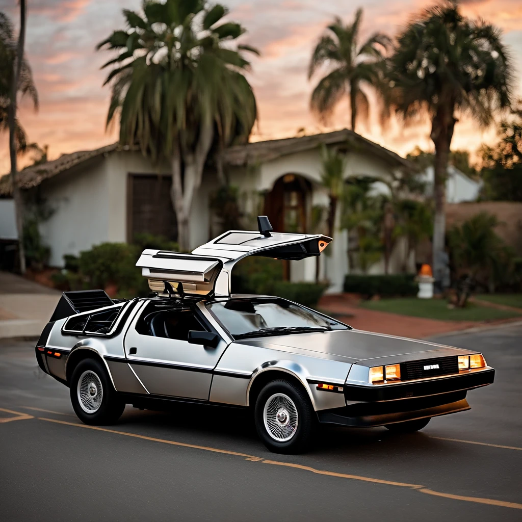 A retro sci-fi delorean car parked in the California neighborhood, no estilo hustlewave, 1980s, Post-Internet aesthetics, Onda de recife, Wet core, Transvanguardista, infantil