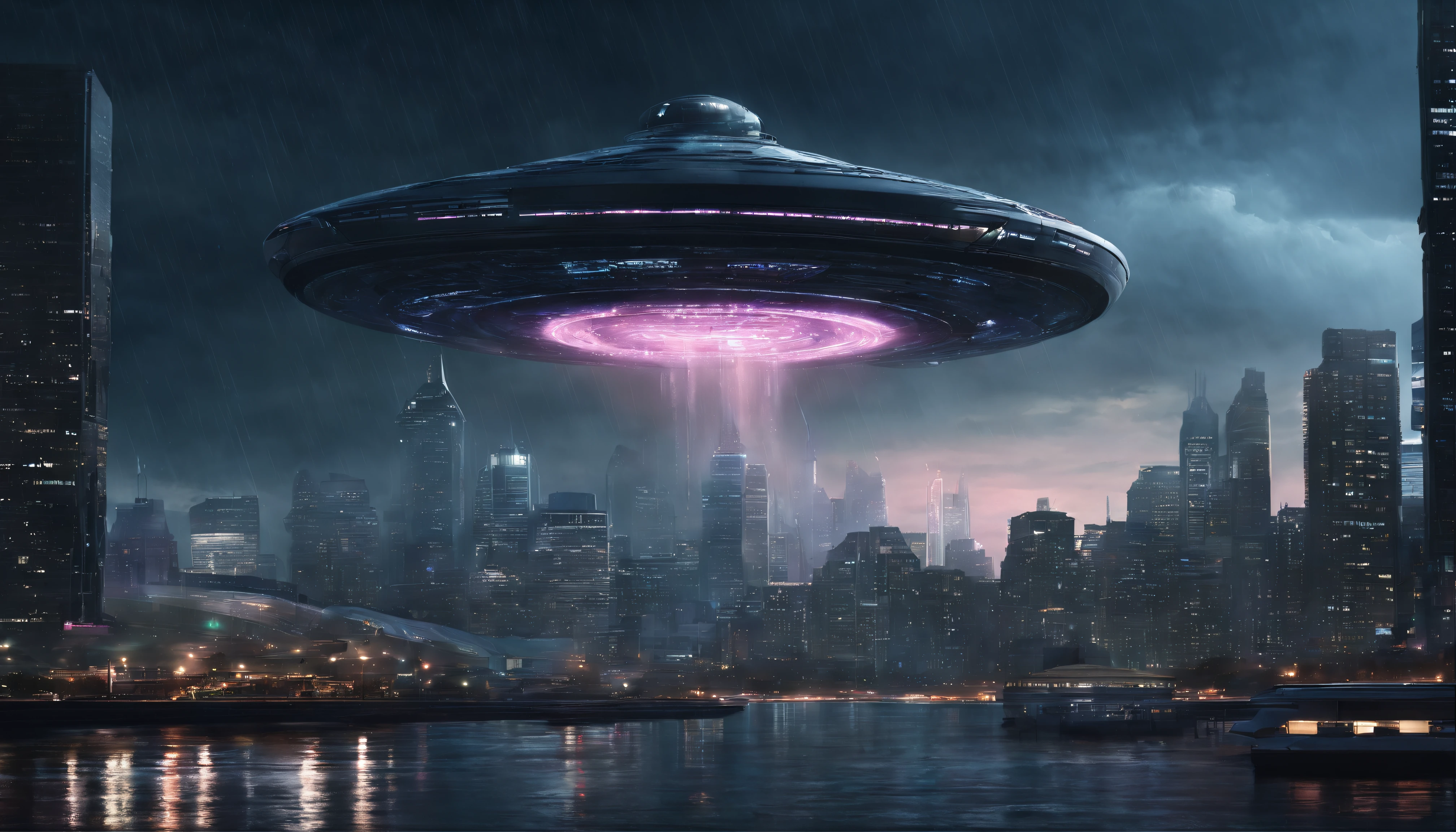 Generate a photo-realistic masterpiece capturing the arrival of an alien mothership during a thunderstorm over a metropolitan skyline at night. Utilize dynamic weather conditions, dramatic lighting, and mood, inspired by the photography style of Gregory Crewdson.