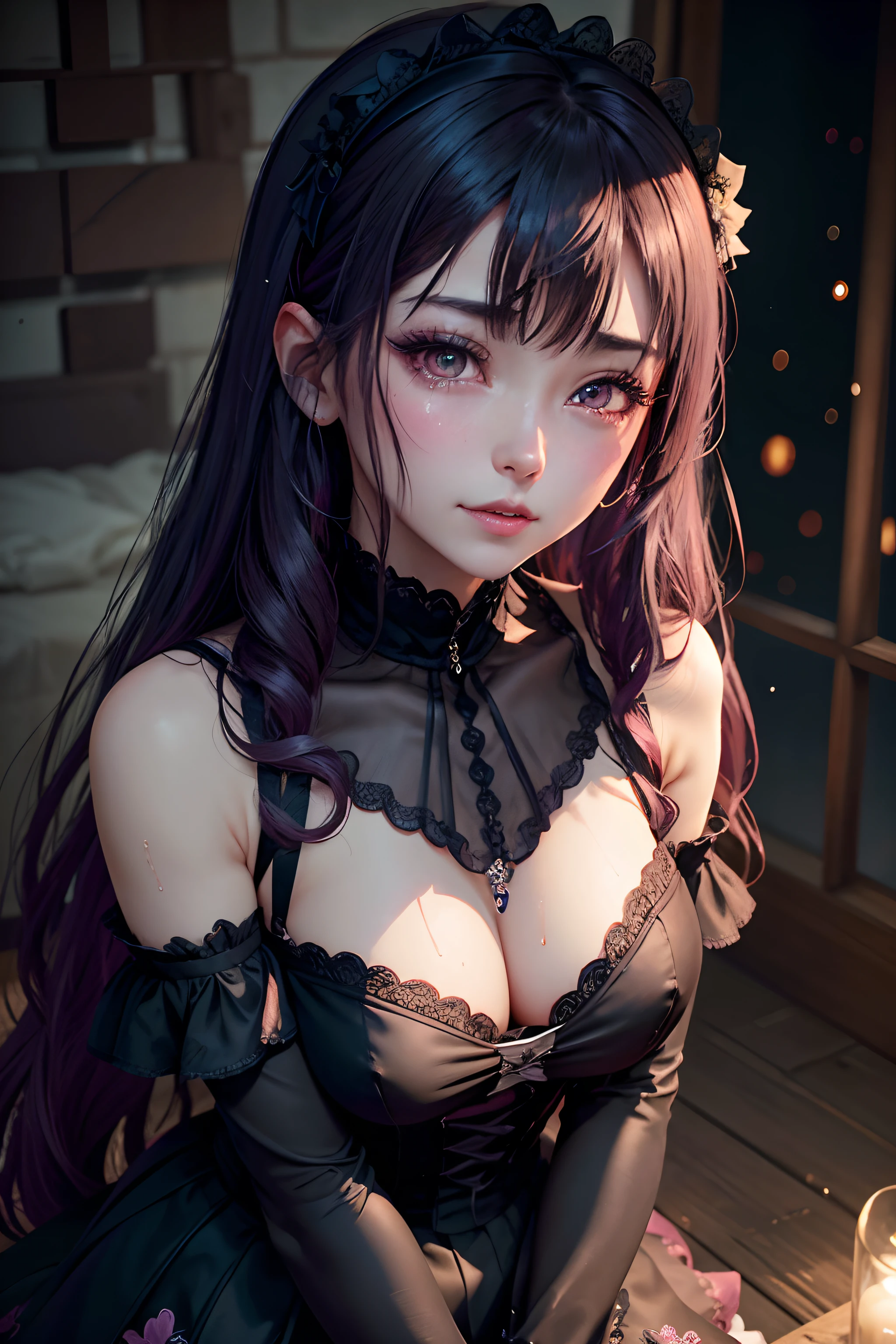 A sexy、A slight smil、garterbelts、knee high socks、panthyhose、Beautifying the world、Unhappy、Lament my night's fantasy、Transcendent beauty、Beautiful shape、wretched、ghosts、wraiths、Evil Spirit、Beautiful、boredom、Unusual beauty、Bewitching、Fornication、Hard Dark Gothic Makeup、Maniacal、Deep night sky、horor、twin-tail hair、Black Dark Eyeshadow、slaves、crying how bright、mourn、Sad songs、Good skin luster、Lace pink、Long hair straight hair、Dark Gothic Makeup、Dark smile、Restless Palace、Expressions of sexual arousal、Fragrant beauty、18year old、carriage、Lying、seductiv、 Strong sexual pleasure facial expressions、A look of shame、open the legs widely、Dark Gothic、Gothic ta、Dark purple hair、masturbation、bell sleeves、Wizard Sleeve、Obscene look、Stained glass background、masutepiece、Best Quality、Ultra-detailed、Refers to 5 books、Sweat glitters on my chest、Glitter of sweat on your face、Glitter of sweat on your thighs、Expression of sexual pleasure in anguish、Sweating profusely、Quite an inebriated face、maid clothes、Gothic Long Dress、Black ruffled skirt、Apply blush on cheeks、Pink atmosphere、Pink hair、
