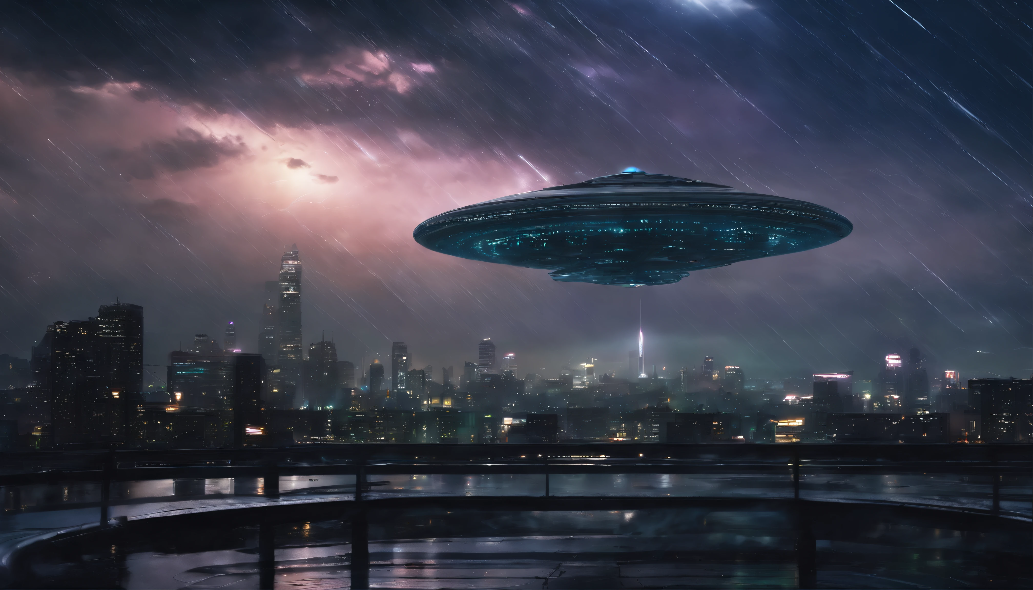 Generate a photo-realistic masterpiece capturing the arrival of an alien mothership during a thunderstorm over a metropolitan skyline at night. Utilize dynamic weather conditions, dramatic lighting, and mood, inspired by the photography style of Gregory Crewdson.