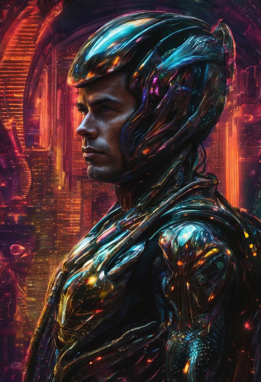 A Photograph captures Cristiano Ronaldo as an extraterrestrial visitor, shimmering in an otherworldly glow, with metallic armor infused with pulsating neon lights. The composition showcases his dynamic athleticism, while the futuristic backdrop hints at a technologically advanced civilization beyond our imagination.