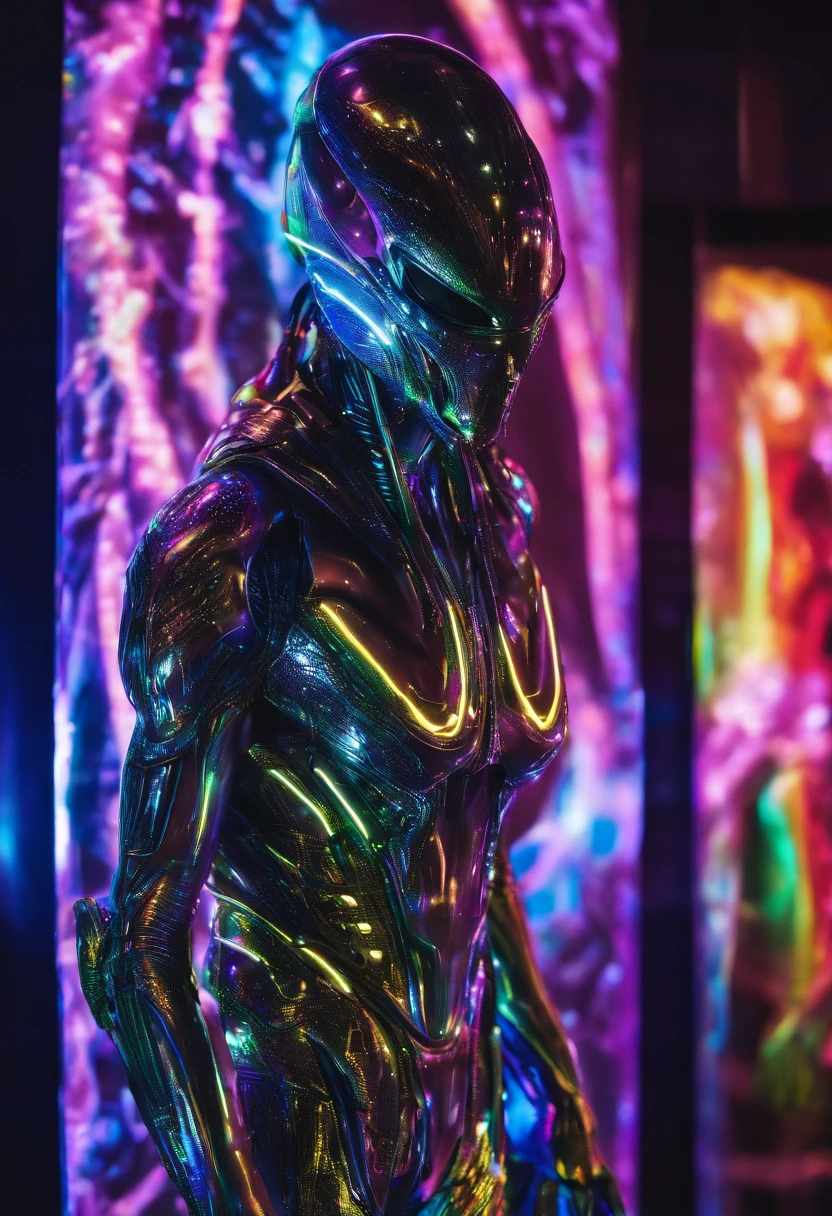 A Photograph captures Cristiano Ronaldo as an extraterrestrial visitor, shimmering in an otherworldly glow, with metallic armor infused with pulsating neon lights. The composition showcases his dynamic athleticism, while the futuristic backdrop hints at a technologically advanced civilization beyond our imagination.