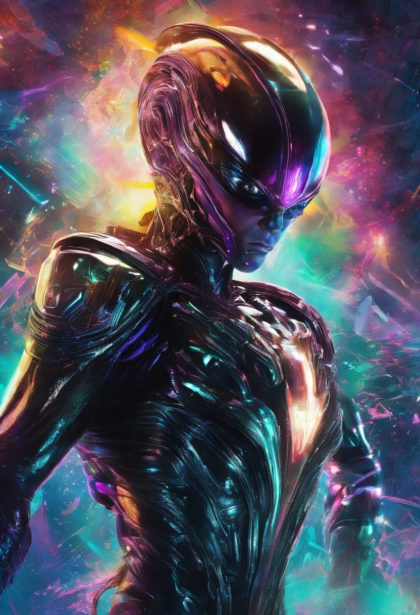 A Photograph captures Cristiano Ronaldo as an extraterrestrial visitor, shimmering in an otherworldly glow, with metallic armor infused with pulsating neon lights. The composition showcases his dynamic athleticism, while the futuristic backdrop hints at a technologically advanced civilization beyond our imagination.