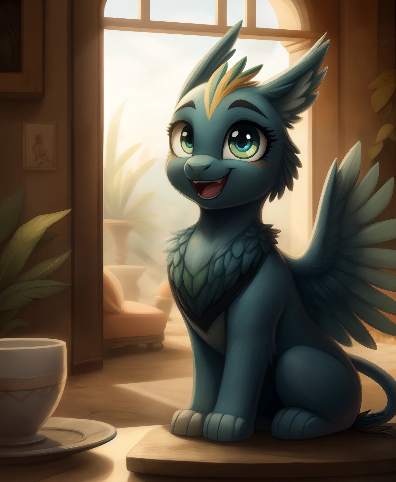 gabby_(mlp), gabby furry, detailed and extremely, masterpiece, detailed background, happy, gryphon