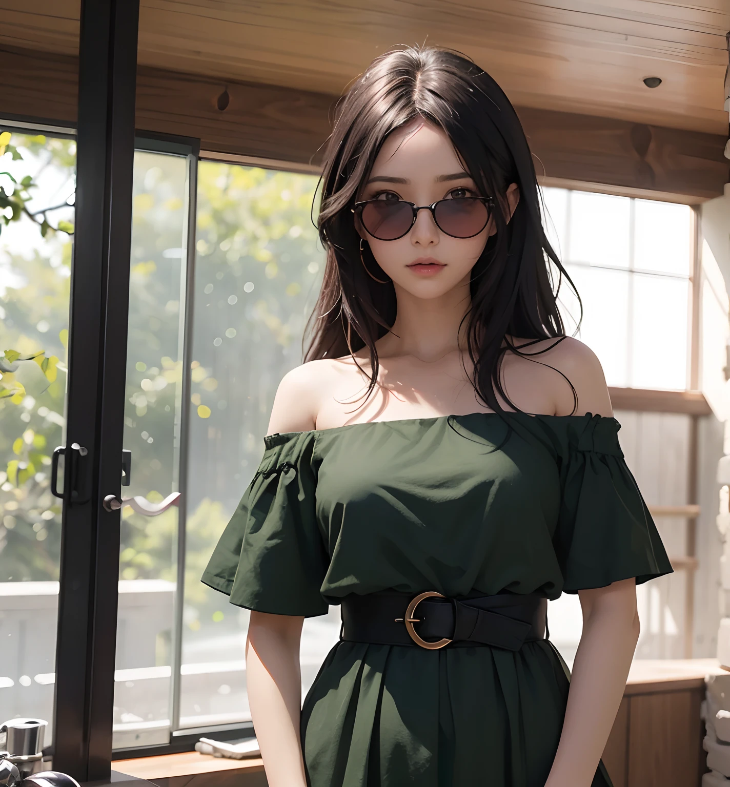 Hiperrealismo, anime, rojo/cabello negro, suelto, ojos verdes, mojado Mujer con gafas, vestido ajustado, cuerpo completo, Mira desde abajo, Manos perfectas, Ojos enfocados