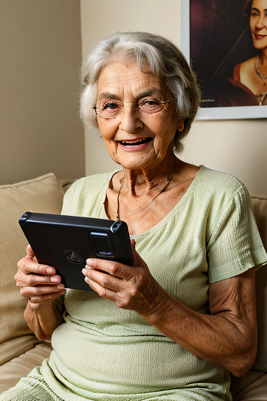 uma mulher velha, enrrugada, envelhecida, 80 anos, CUTE OLD WOMAN, Sweet Old Lady holding a video game in her hands. Expression on the face of pleasure and delight, humorous
