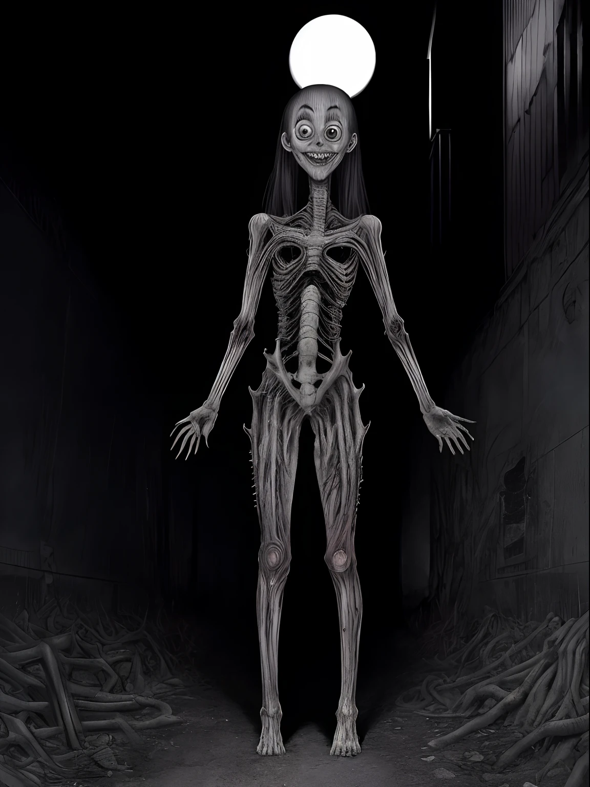 (Junji Ito:1.5), detailed black and white manga line art illustration of grotesque creepy girl, ((standing in street of warped surreal city)), ((warped surreal city in background)), ((full body shot)), dynamic pose, fractal art, scared, horrified, terrified, insane, creepy, unsettling, disturbing, body horror, (horror manga style), twisted, warped, psychological horror, grotesque, morbid, surreal, inspired by H.R.Giger